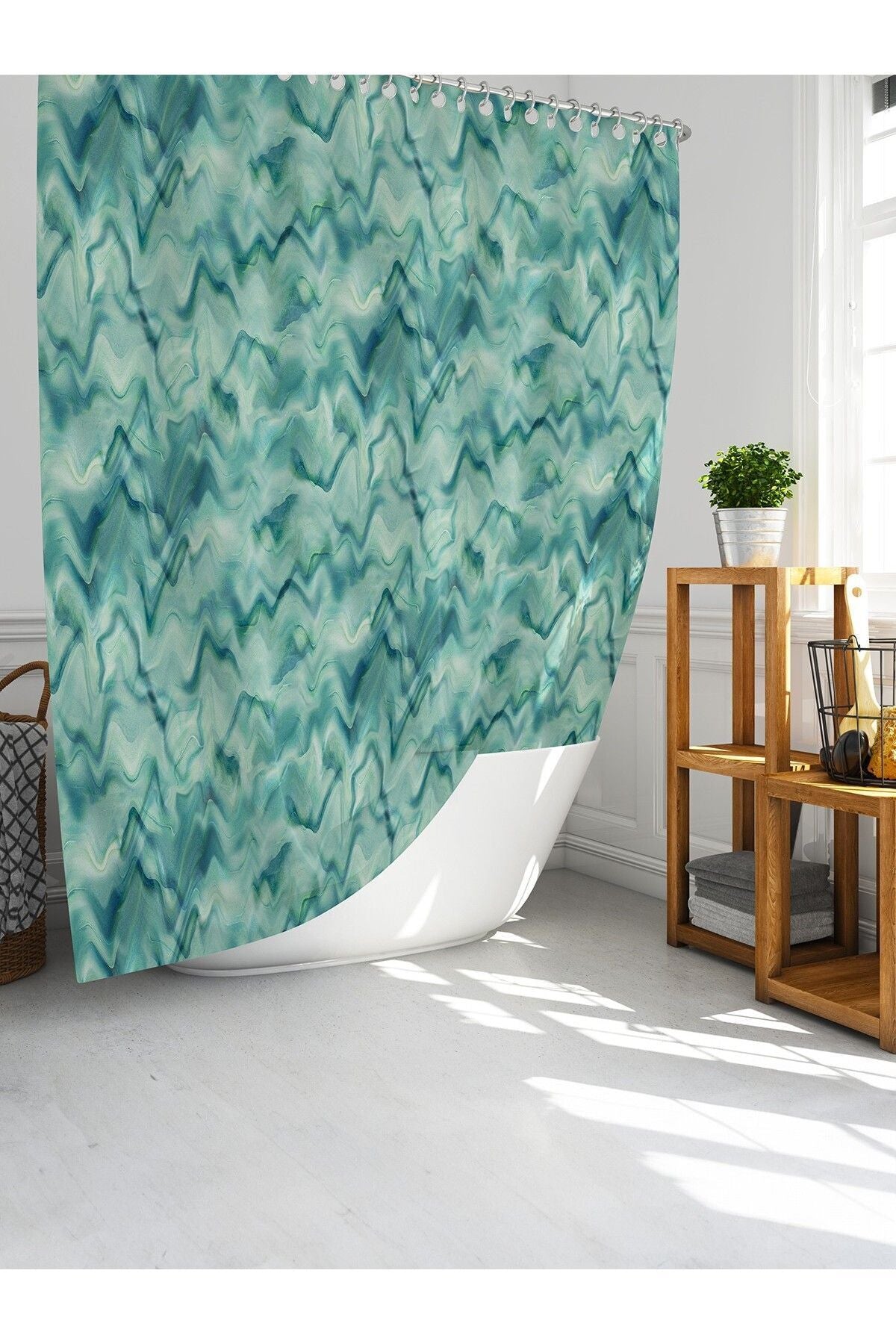 Tropikhome 180 x 200 Yeşil Mermer Desenli Banyo Perdesi — Yeşil