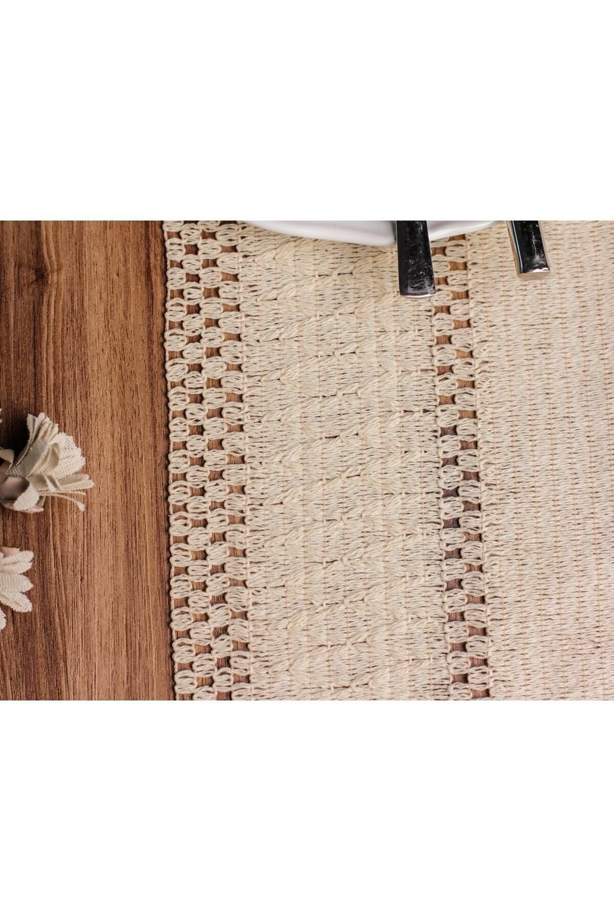 Ham Organik Pamuk Dantel Desenli Püsküllü Krem Runner 35x145 Cm  Masa Sunum Örtüsü — Krem