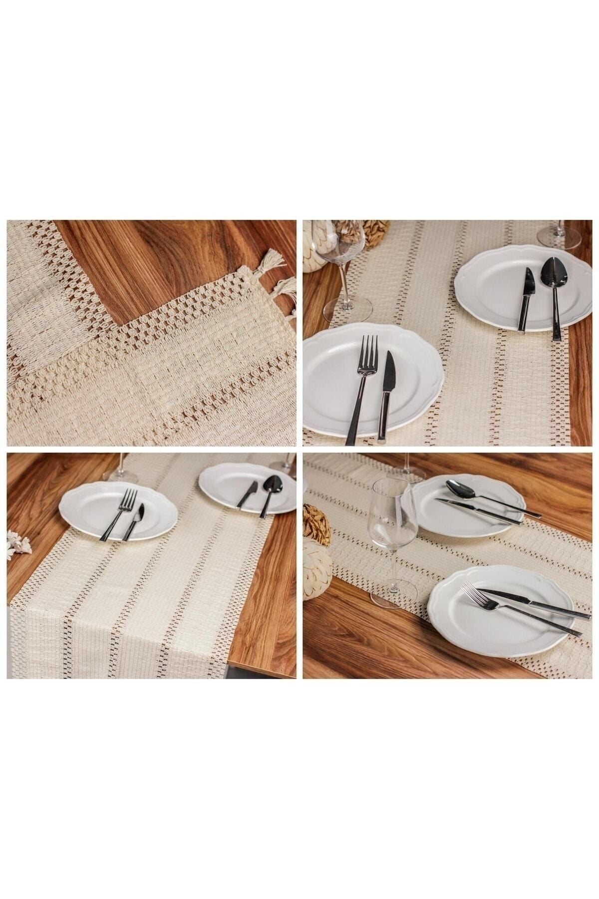Ham Organik Pamuk Dantel Desenli Püsküllü Krem Runner 35x145 Cm  Masa Sunum Örtüsü — Krem