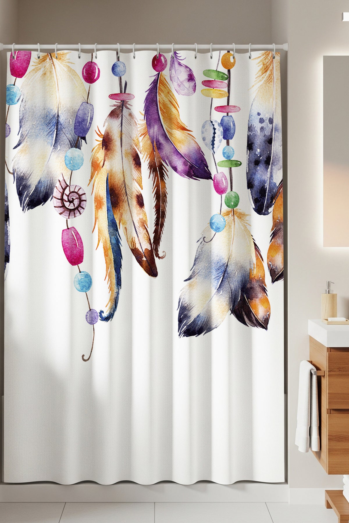 Tropikhome 180 x 200 Çok Renkli Tüy Desenli Banyo Perdesi — Çok Renkli