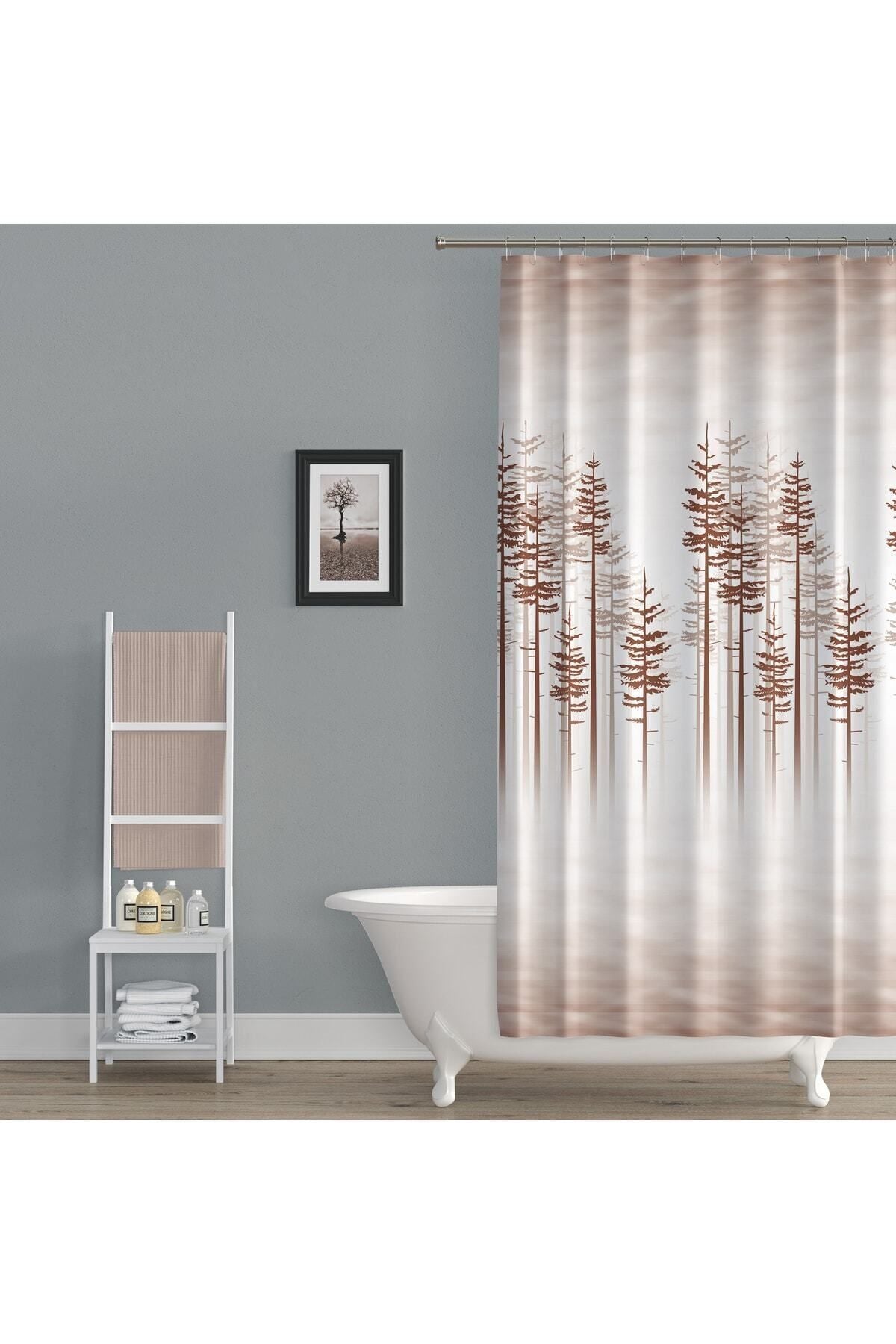 Tropikhome 180 x 200 Kahverengi Orman Manzarası Desenli Banyo Perdesi — Kahverengi