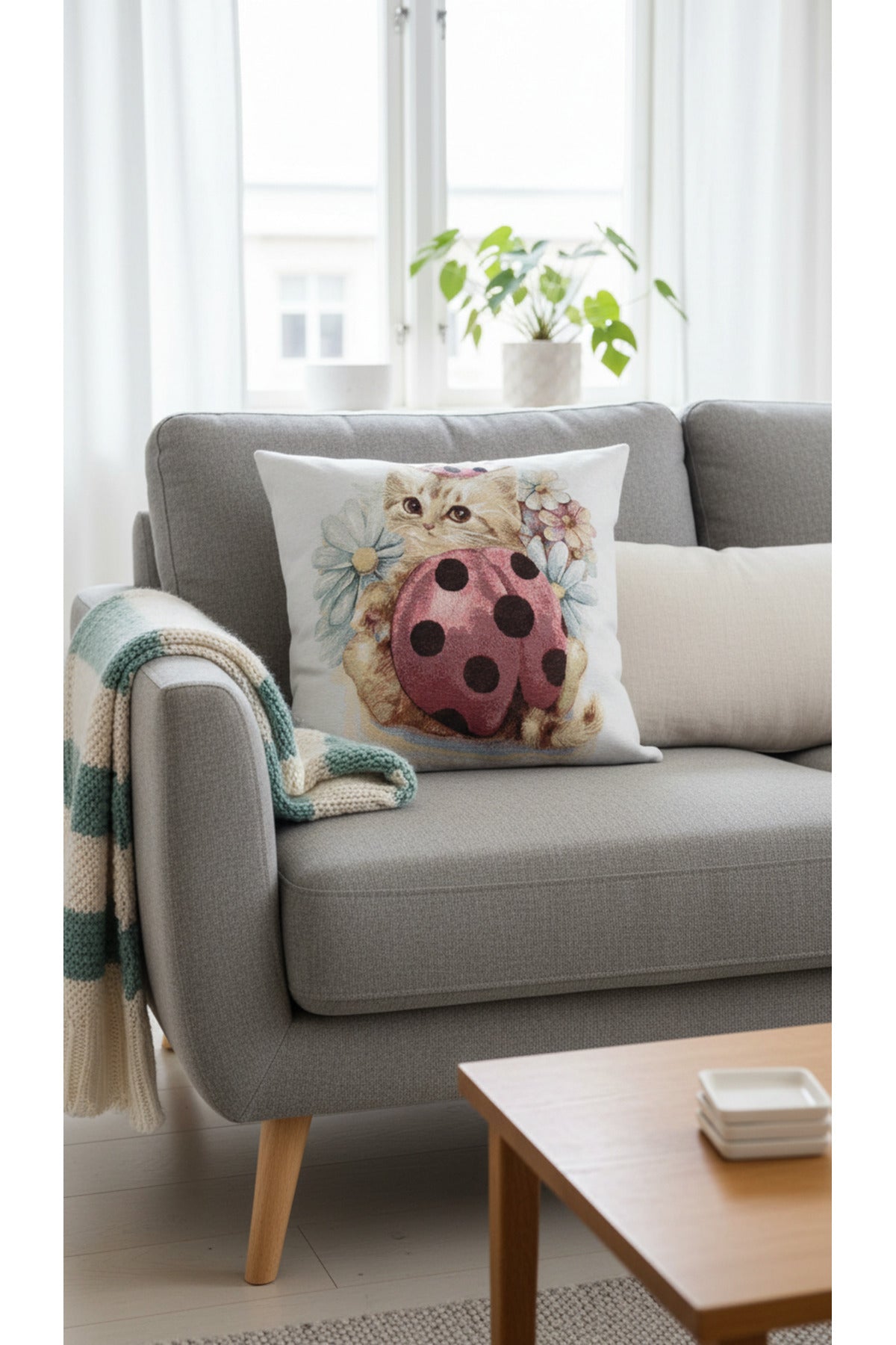 Tropikhome ST-9 Kırsal Ev Desenli 45 x 45 Cm Çift Taraflı Goblen Dokuma Kırlent Kılıfı — Çok Renkli