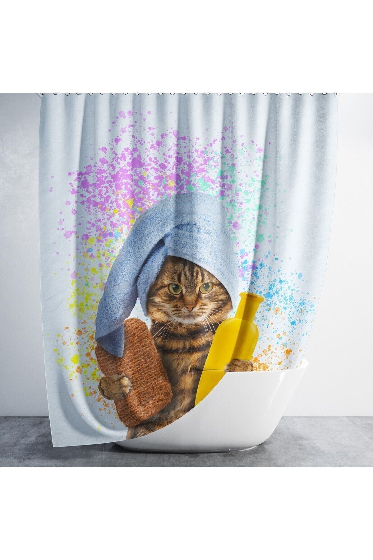 Tropikhome 180 x 200 Çok Renkli Kedi Desenli Banyo Perdesi — Çok Renkli