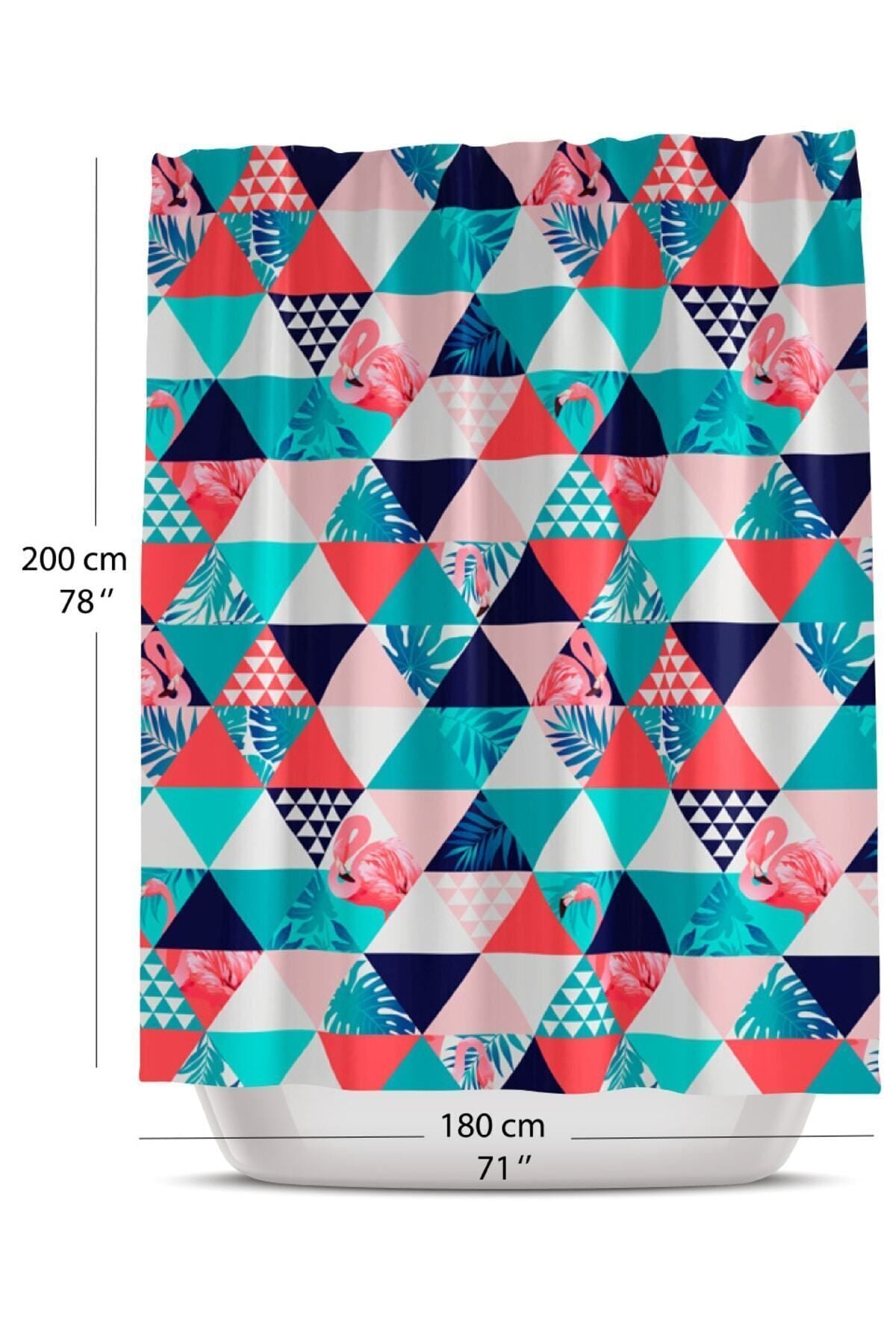 Tropikhome 180 x 200 Çok Renkli Tropikal Flamingo Desenli Geometrik Banyo Perdesi — Çok Renkli