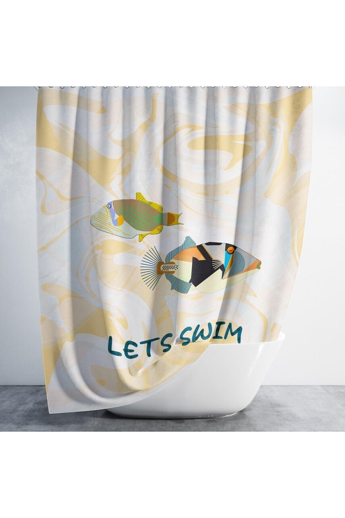Tropikhome 180 x 200 Bej Balık Desenli Banyo Perdesi — Bej