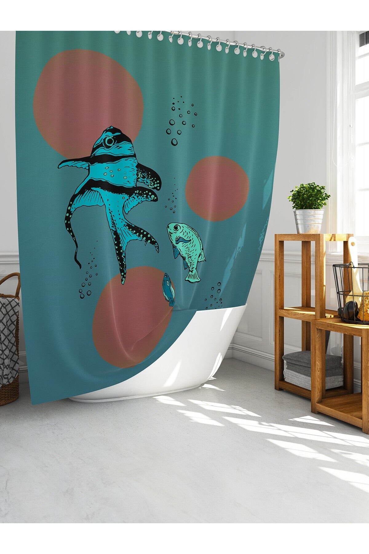 Tropikhome 180 x 200 Mavi Balık Desenli Banyo Perdesi — Mavi