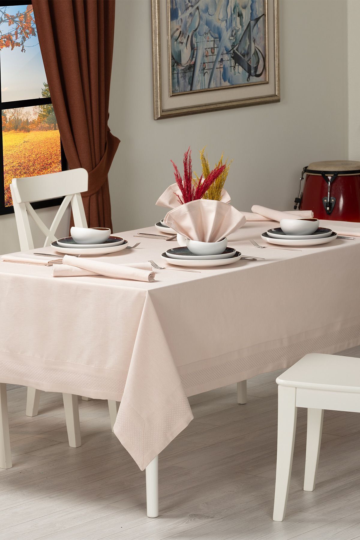 Tropikhome 160 x 220 + 8 Peçete Bej Pamuklu 9 Parça Masa Örtüsü Seti  — Bej