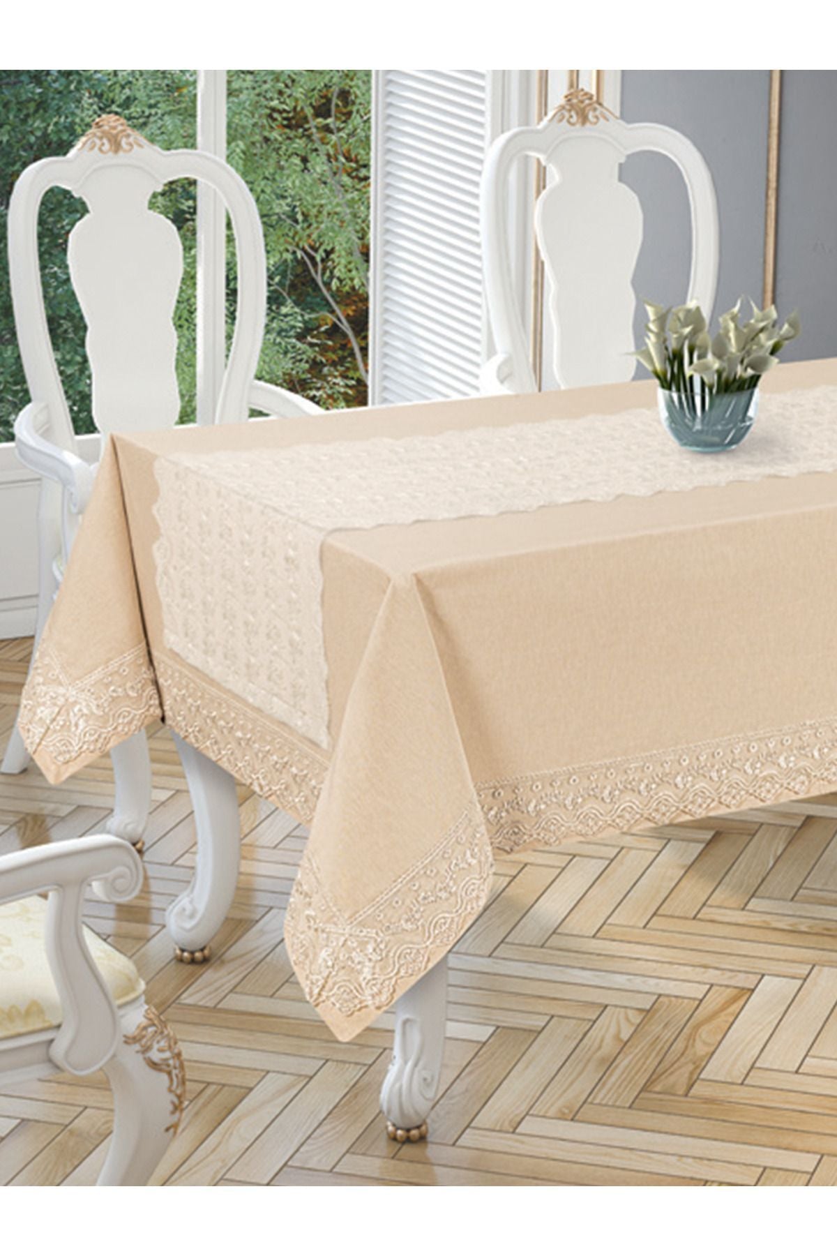 Tropikhome 160 x 220 Bej Pamuklu Masa Örtüsü Ve Dantelli Runner Çeyiz Seti — Bej