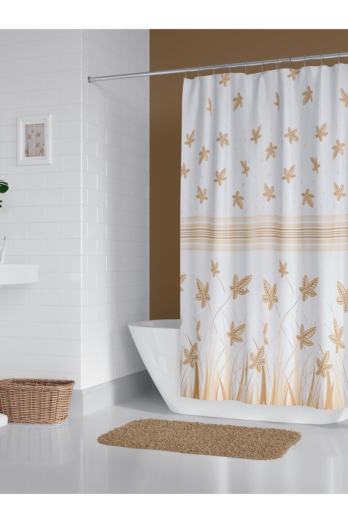 Tropikhome 180 x 200 Kahverengi Yaprak Desenli Banyo Perdesi — Kahverengi