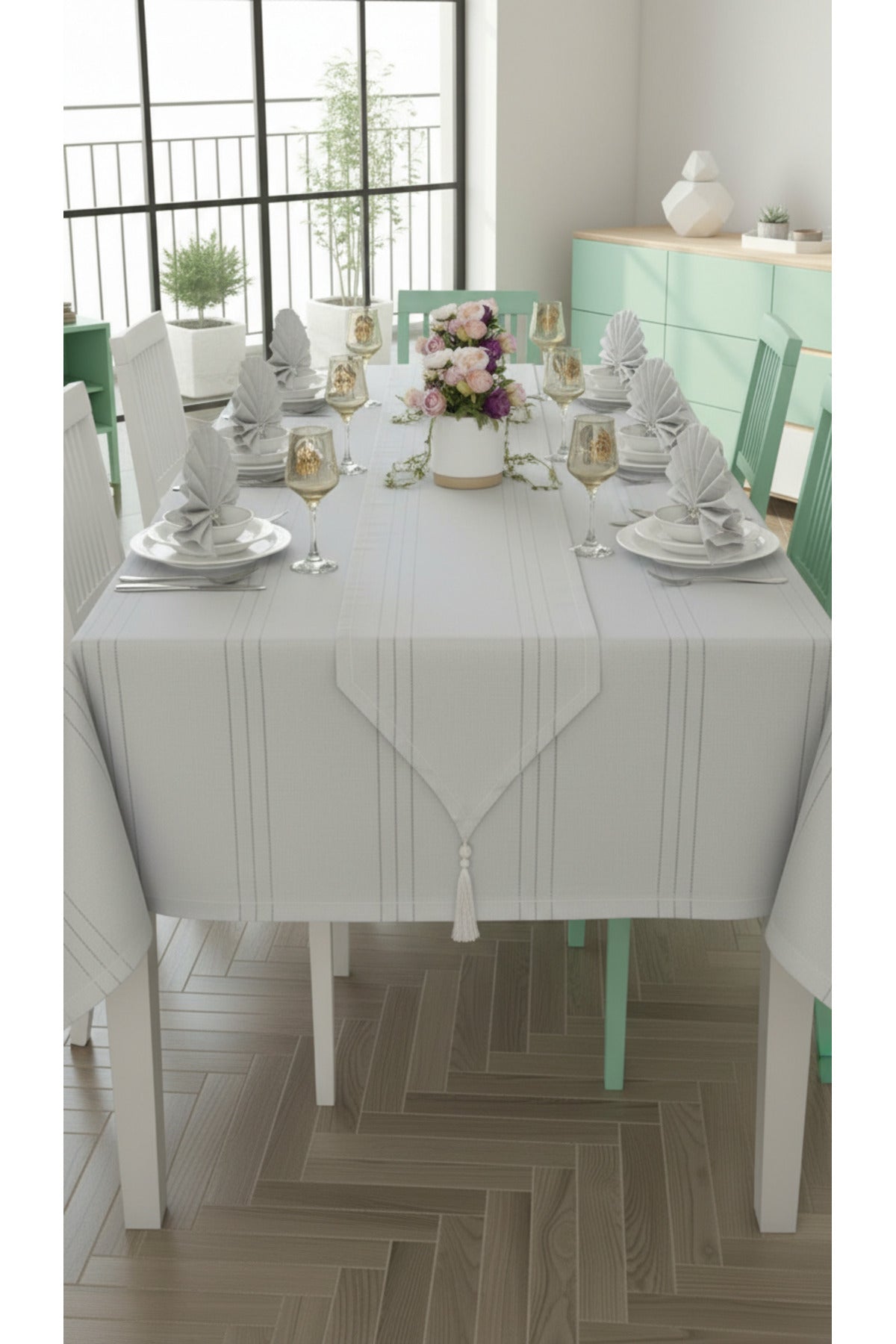 Tropikhome 160 x 220 + 1 Runner + 12 peçete + 12 Yüzük'lü Keten Görünümlü 26 Parça Dertsiz Çeyiz Seti — Gri