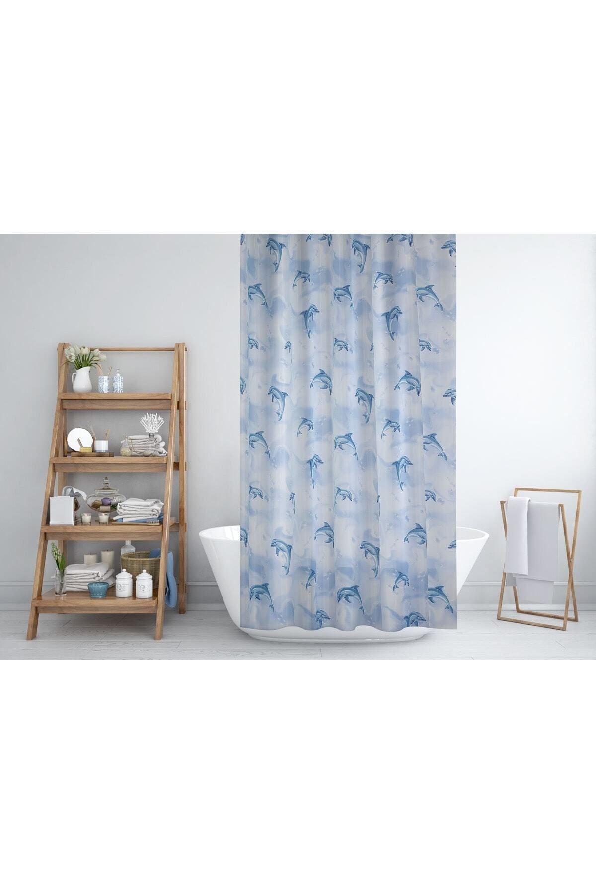 Tropikhome 180 x 200 Mavi Yunus Desenli Banyo Perdesi — Mavi