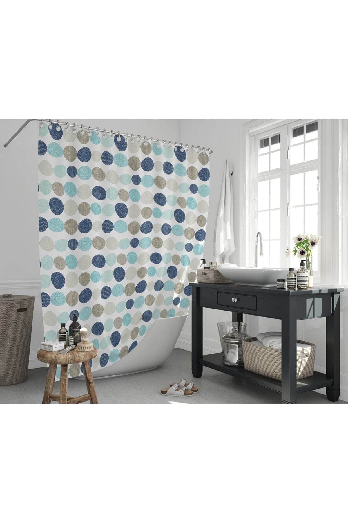 Tropikhome 180 x 200 Mavi Geometrik Desenli Banyo Perdesi — Mavi