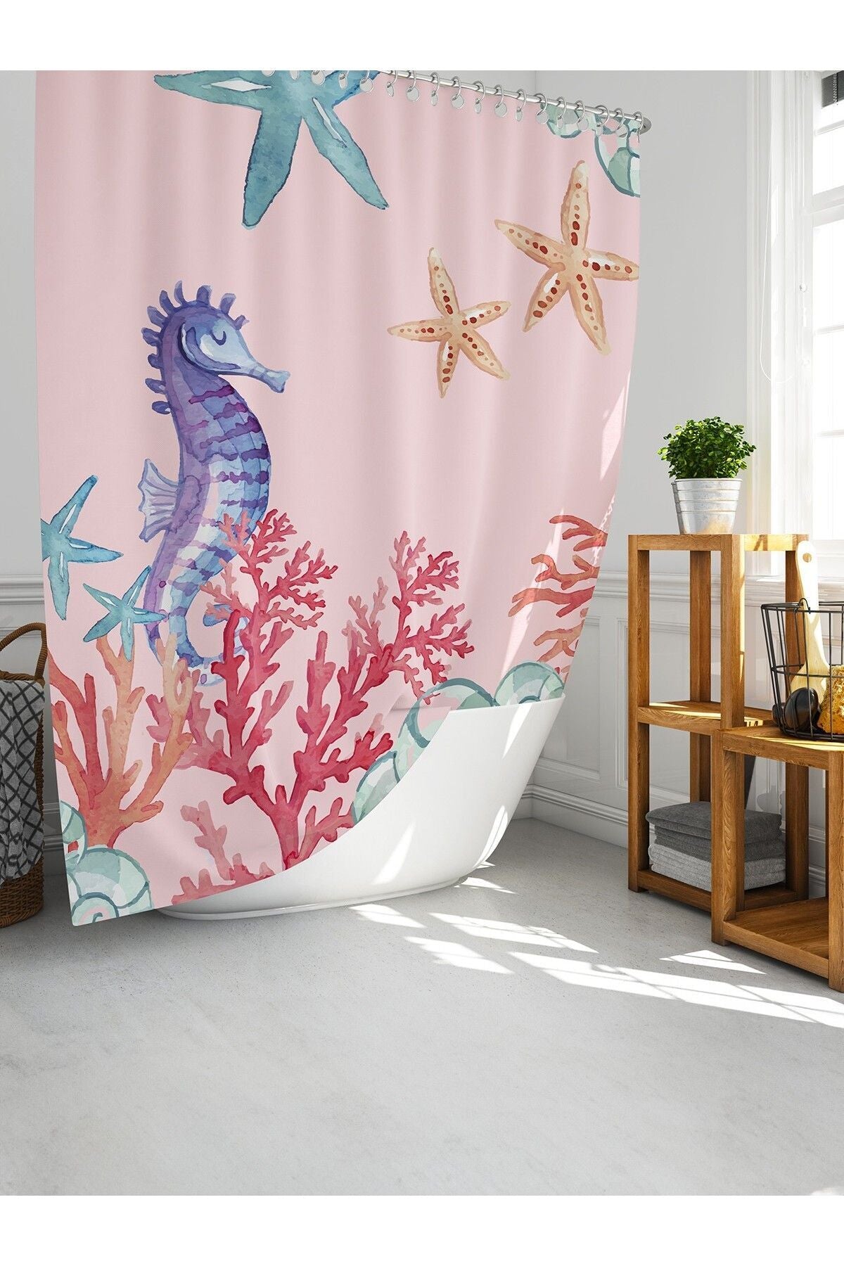 Tropikhome 180 x 200 Pembe Deniz Atı Desenli Banyo Perdesi — Pembe