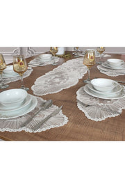 Tropikhome Nakışlı Ekru 35 x 115 Runner + 35 x 50*6 Amerikan Servisli 7 Parça Sunum Yemek Seti — Ekru