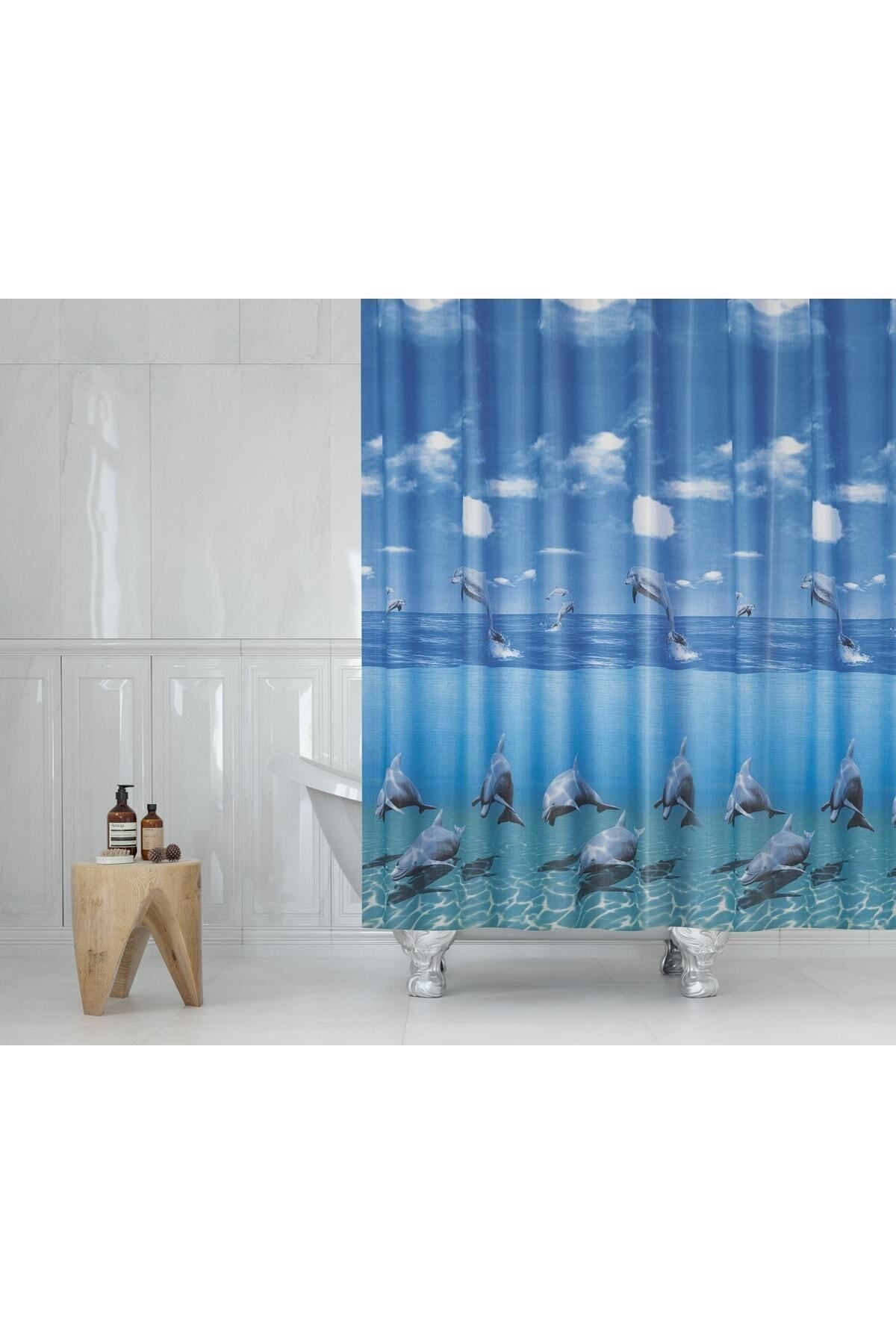 Tropikhome 180 x 200 Mavi Yunus Desenli Banyo Perdesi — Mavi