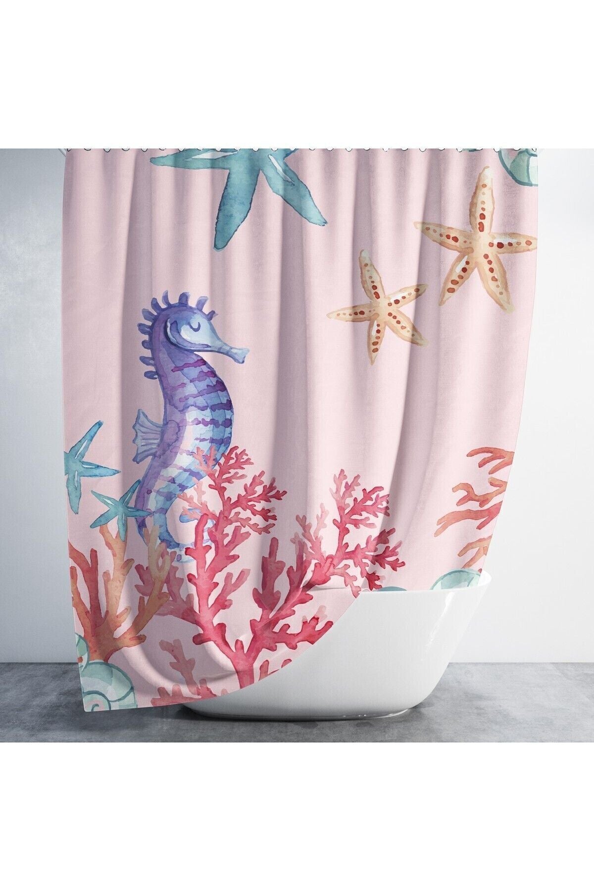 Tropikhome 180 x 200 Pembe Deniz Atı Desenli Banyo Perdesi — Pembe