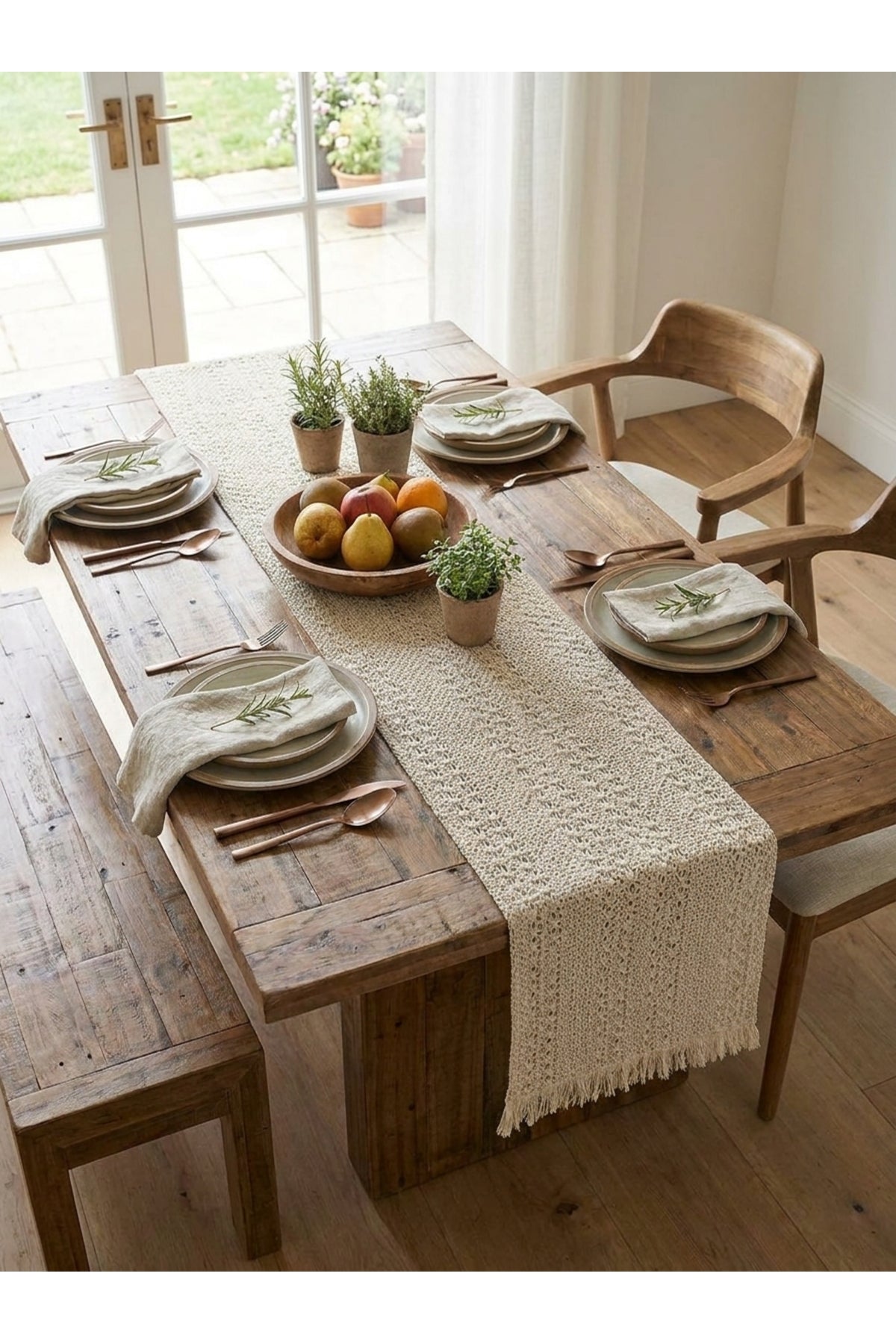 Tül Dantel Örgü Pamuklu Püsküllü Krem 35x145 Cm Runner — Krem
