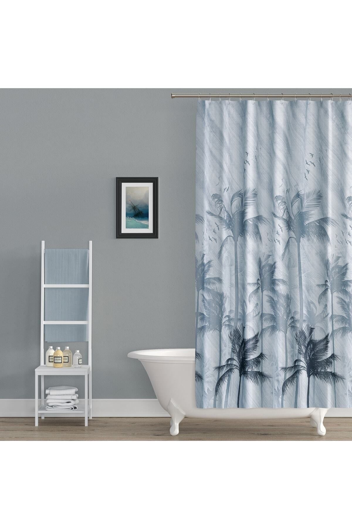 Tropikhome 120 X 200 (Çift Kanat) Gri Palmiye Desenli Banyo Perdesi — Gri