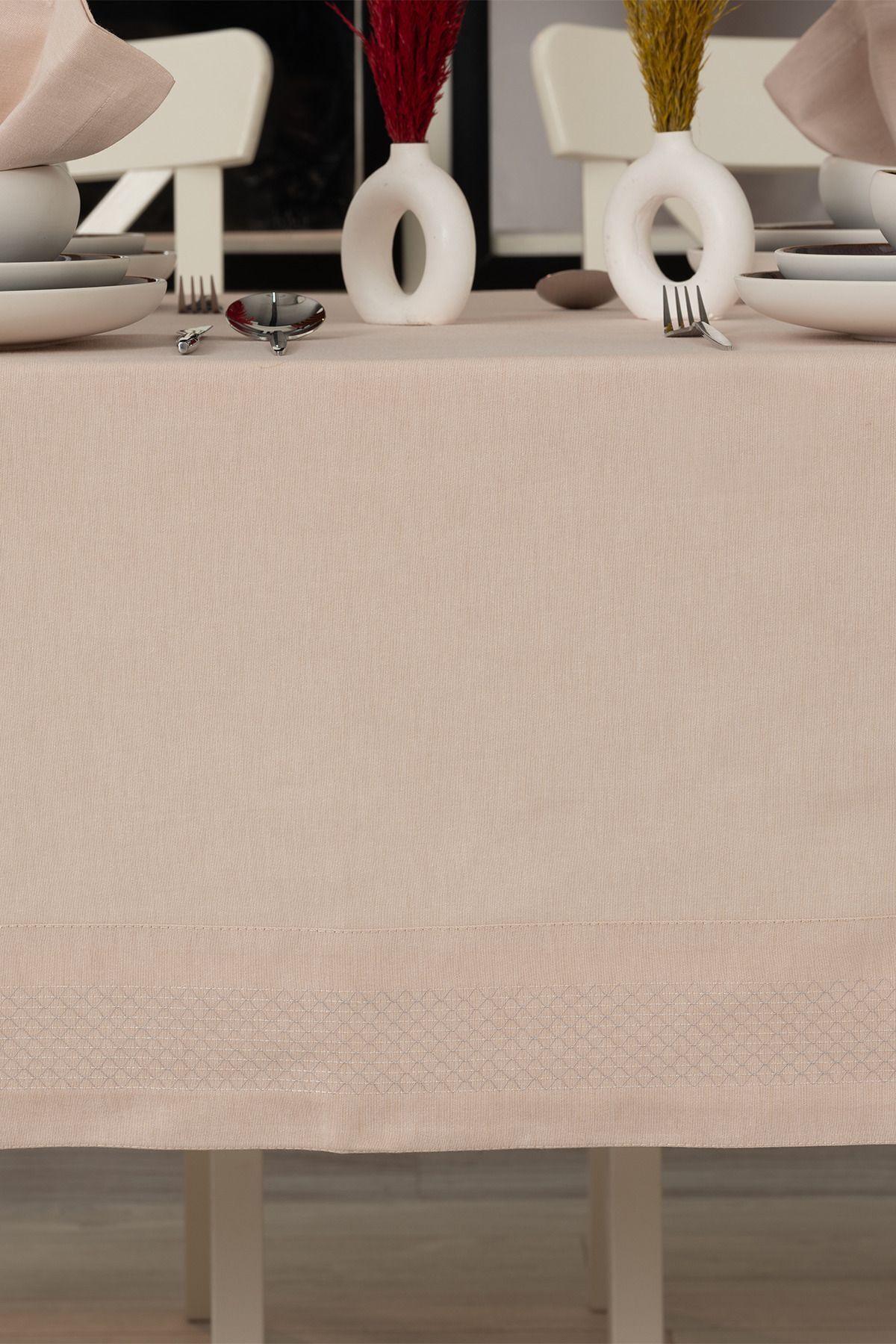 Tropikhome 160 x 220 + 8 Peçete Bej Pamuklu 9 Parça Masa Örtüsü Seti  — Bej