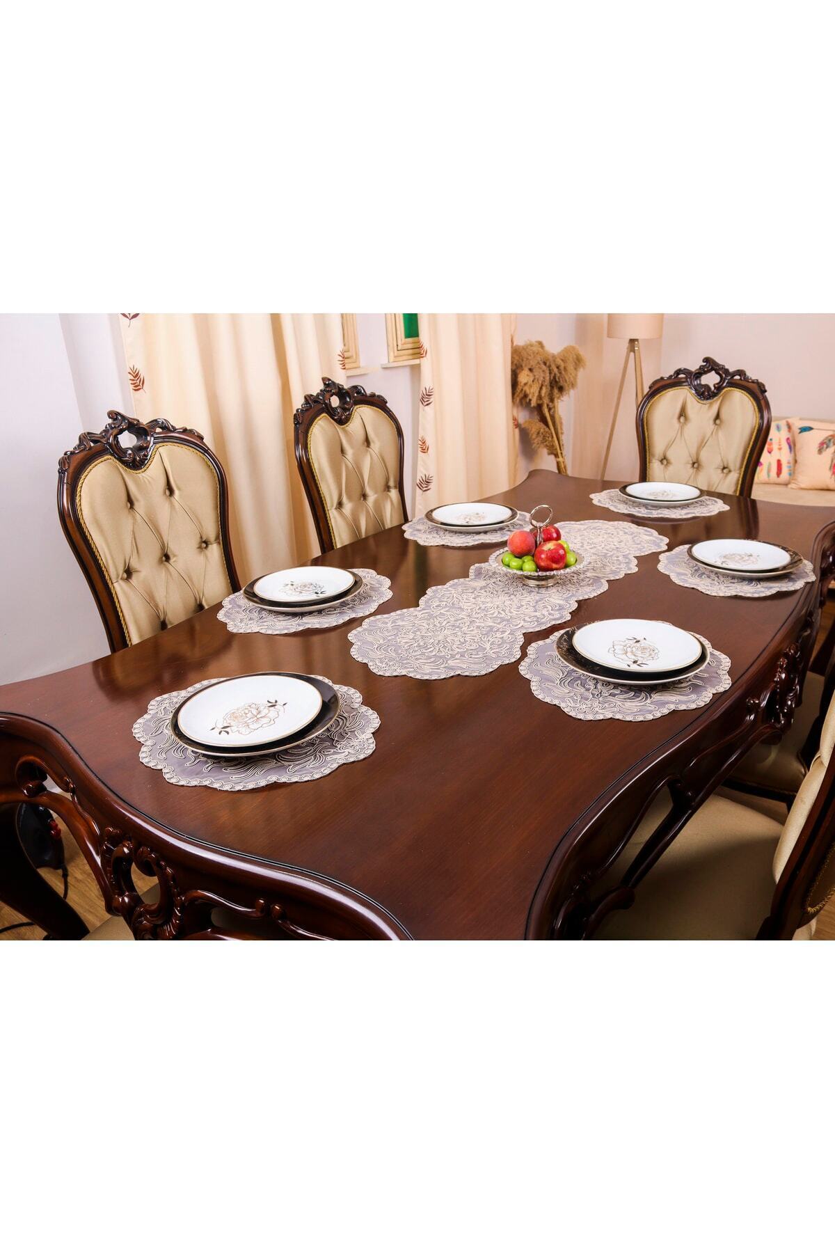 Tropikhome Nakışlı Bej 40 x 110 Runner  + 40 x 40*12 Amerikan Servisli 13 Parça Sunum Yemek Seti — Bej