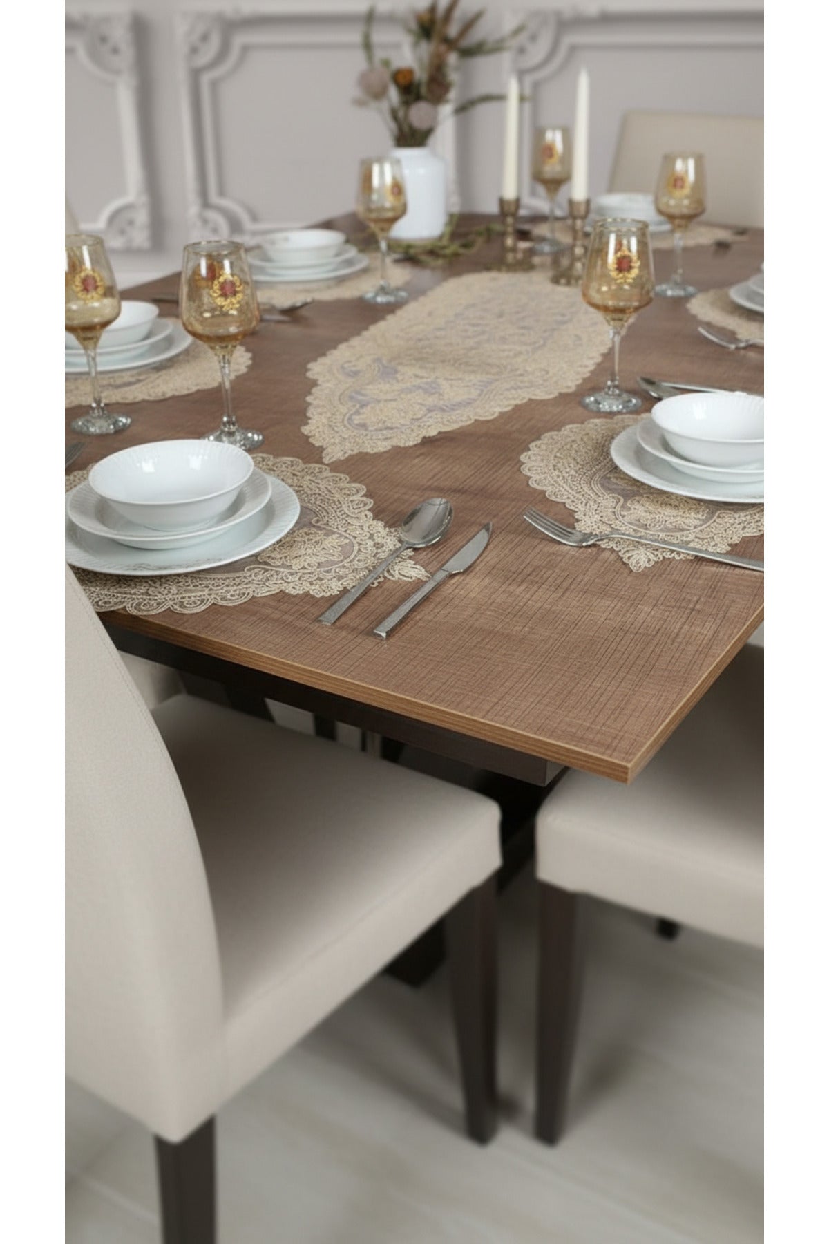 Tropikhome Nakışlı Bej 35 x 115 Runner + 35 x 50*8 Amerikan Servisli 9 Parça Sunum Yemek Seti — Bej