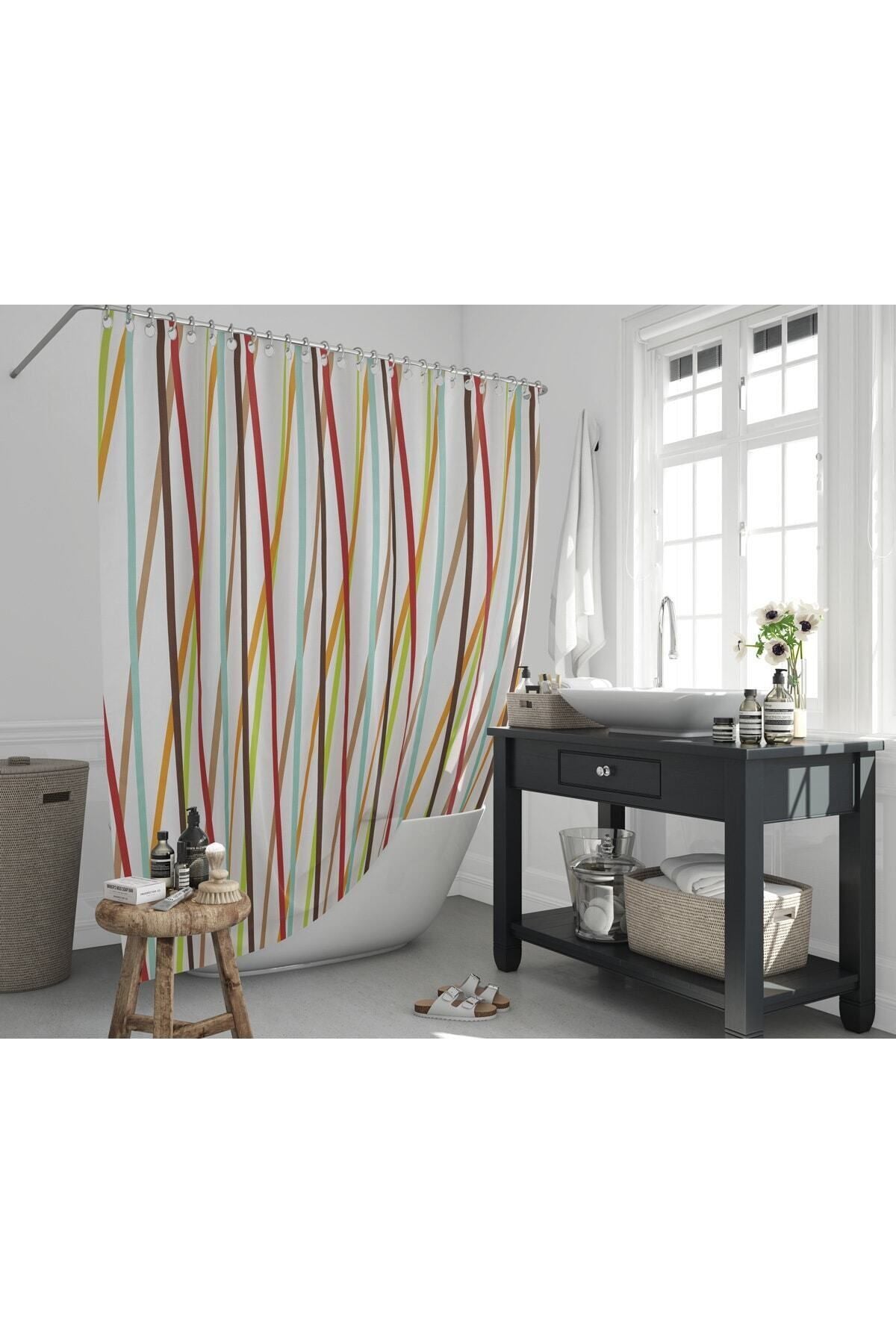 Tropikhome 180 x 200 Çok Renkli Geometrik Desenli Banyo Perdesi — Çok Renkli