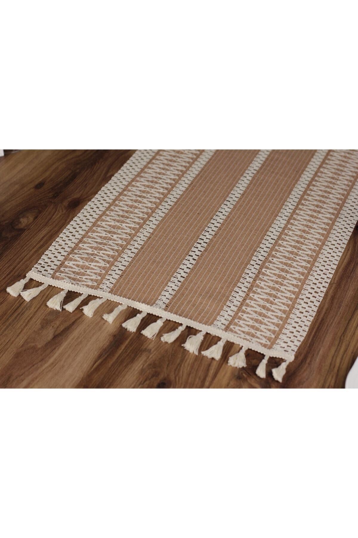Ham Organik Pamuk Dantel Desenli Püsküllü Bej Runner 35x145 Cm  Masa Sunum Örtüsü — Bej