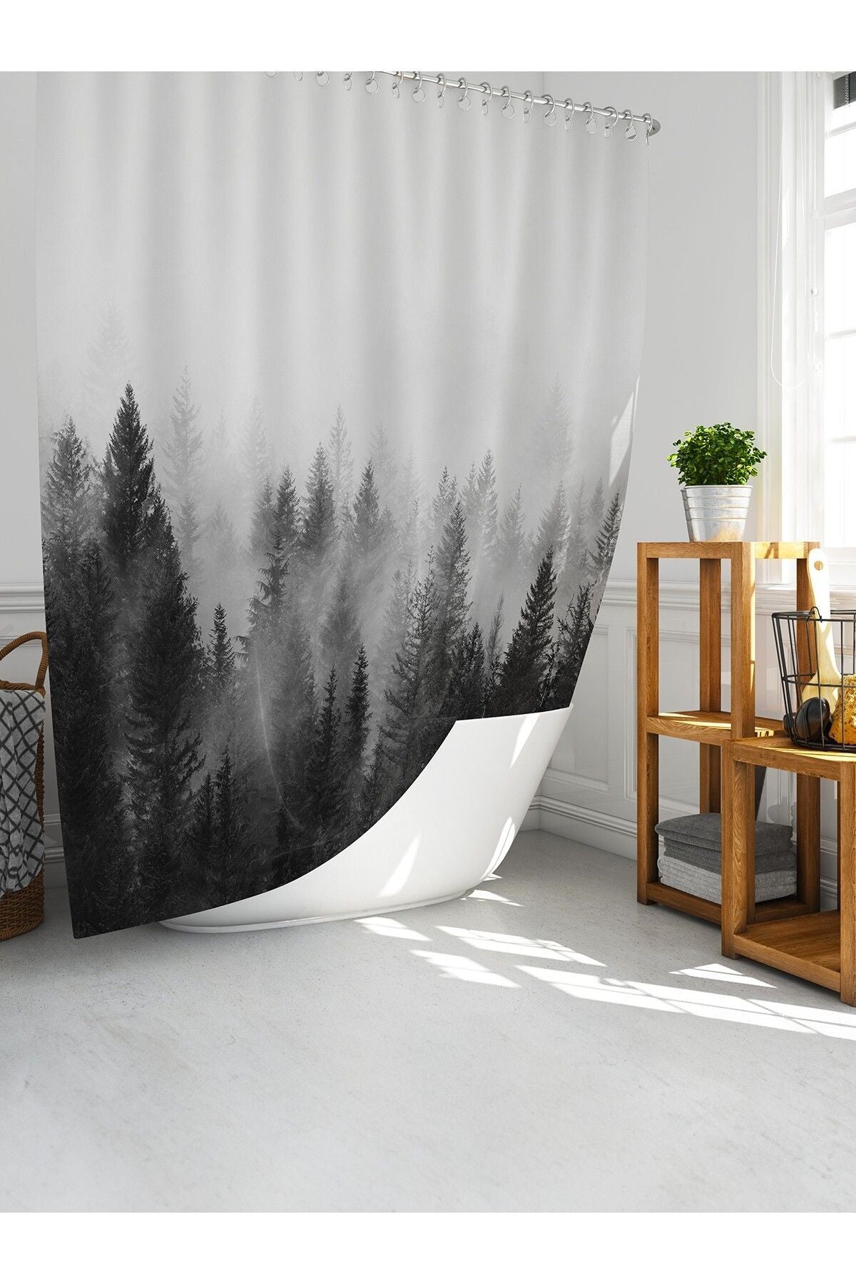 Tropikhome 180 x 200 Siyah Orman Manzarası Desenli Banyo Perdesi — Siyah