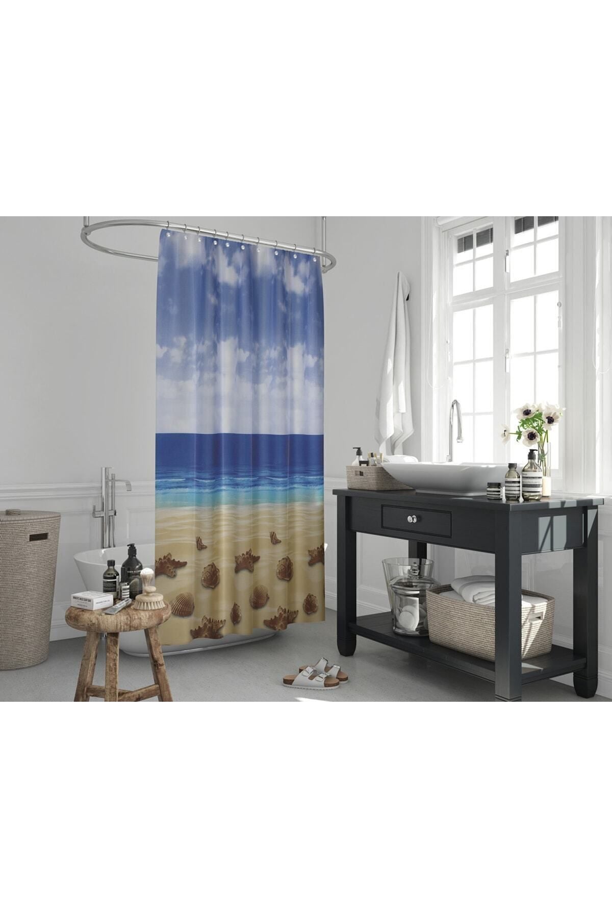 Tropikhome 180 x 200 Çok Renkli Sahil Manzarası Desenli Banyo Perdesi — Çok Renkli