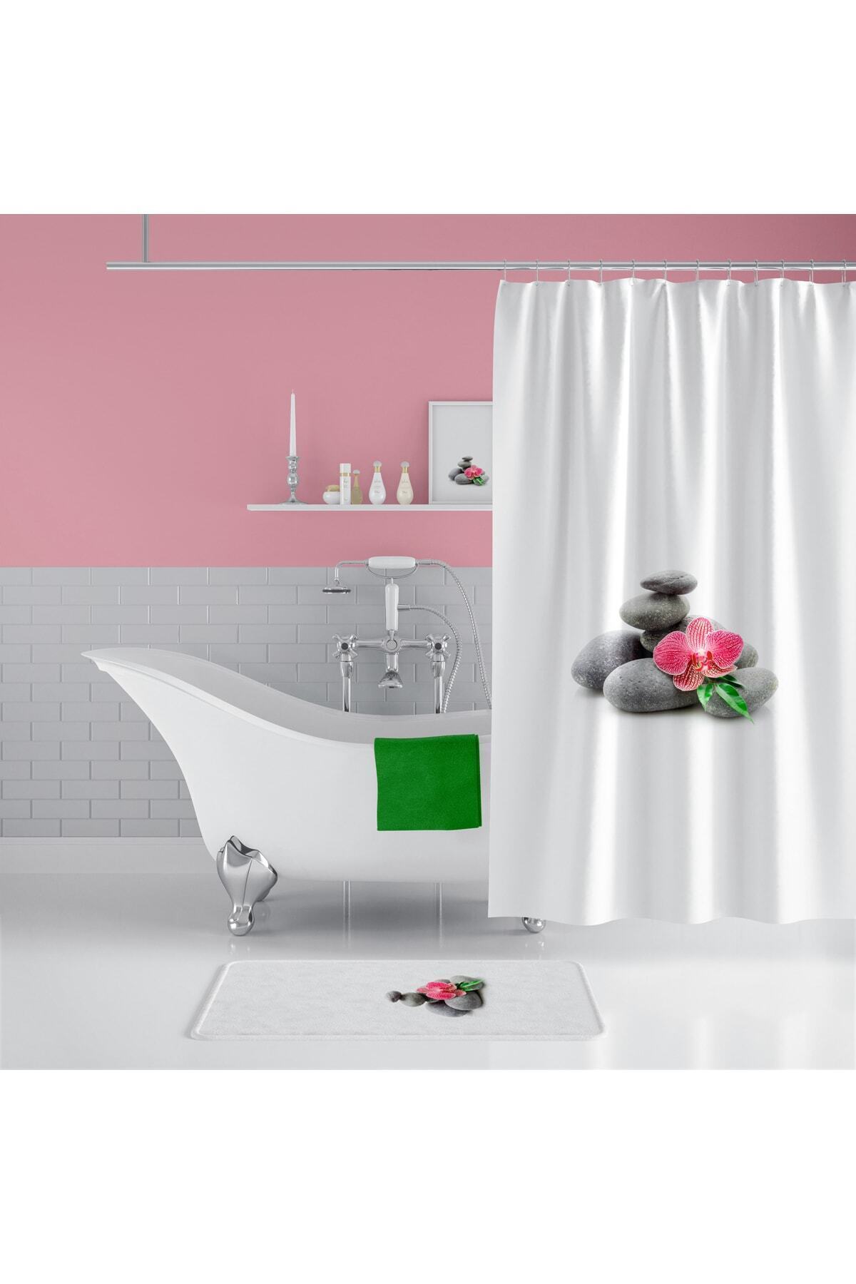 Taş Desenli Kaymaz Taban Dijital Baskılı 50x80cm Banyo Paspası ve 180x200cm Dijital Baskılı Banyo Perdesi Takımı — 180 x 200 + 50 x 80