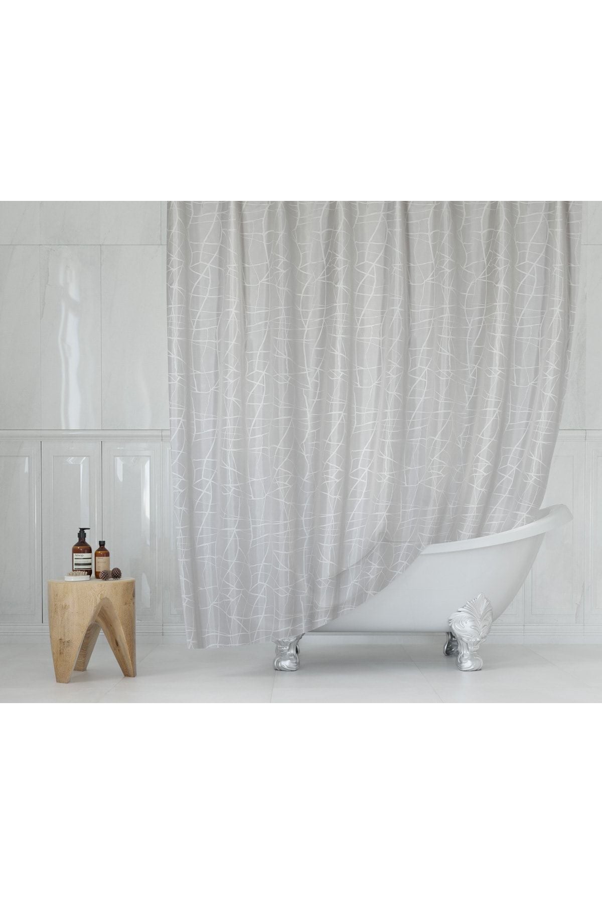 Tropikhome 120 X 200 (Çift Kanat) Beyaz Mermer Desenli Banyo Perdesi — Beyaz