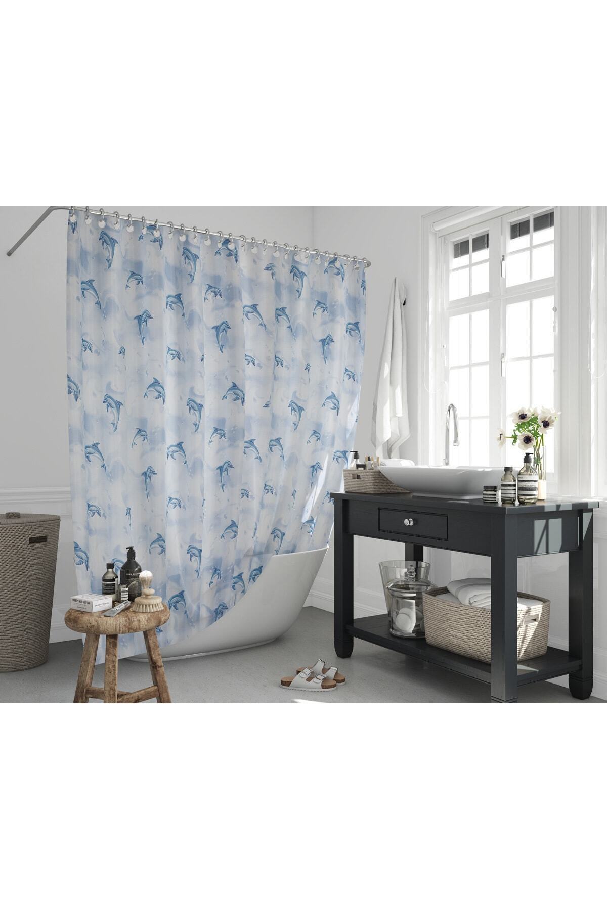 Tropikhome 180 x 200 Mavi Yunus Desenli Banyo Perdesi — Mavi