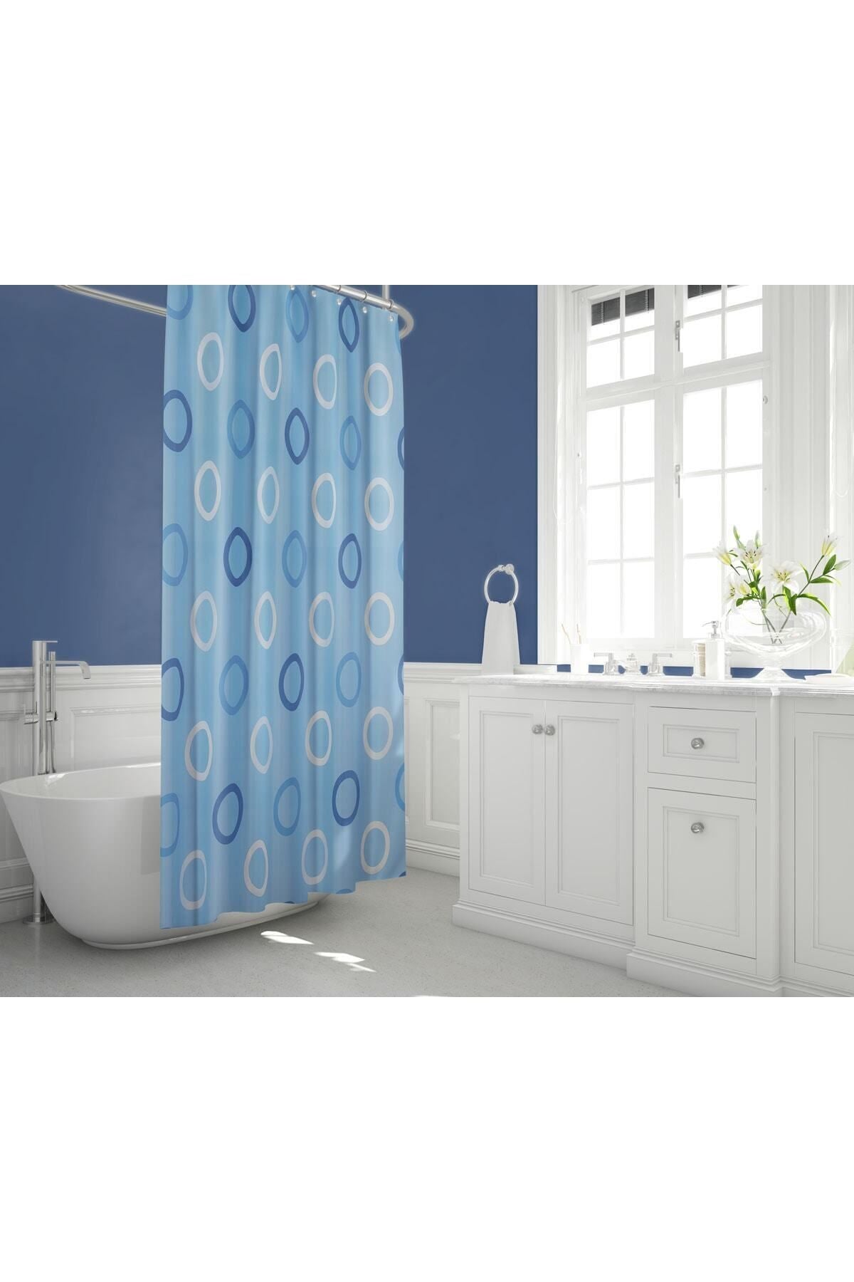 Tropikhome 180 x 200 Mavi Halka Desenli Banyo Perdesi — Mavi