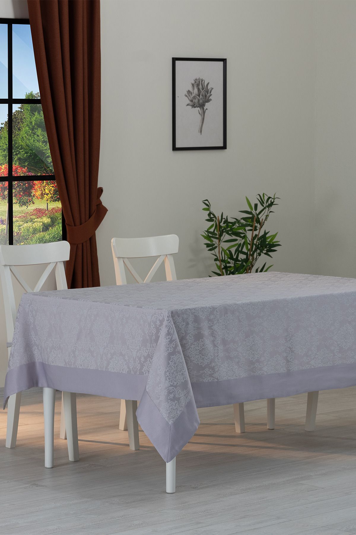 Tropikhome 160 x 220 Gri Pamuklu Damask Desenli Bordürlü Masa Örtüsü — Gri