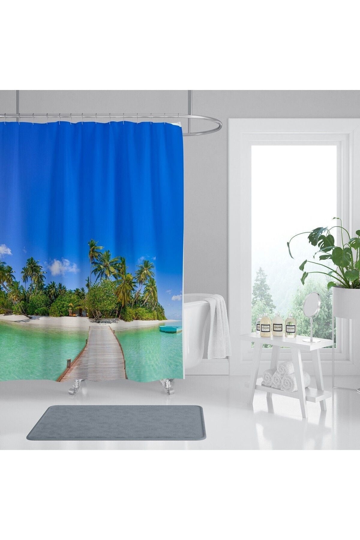 Tropikhome 180 x 200 Çok Renkli Sahil Manzarası Desenli Banyo Perdesi — Çok Renkli