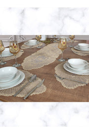Tropikhome Nakışlı Bej 35 x 115 Runner + 35 x 50*6 Amerikan Servisli 7 Parça Sunum Yemek Seti — Bej