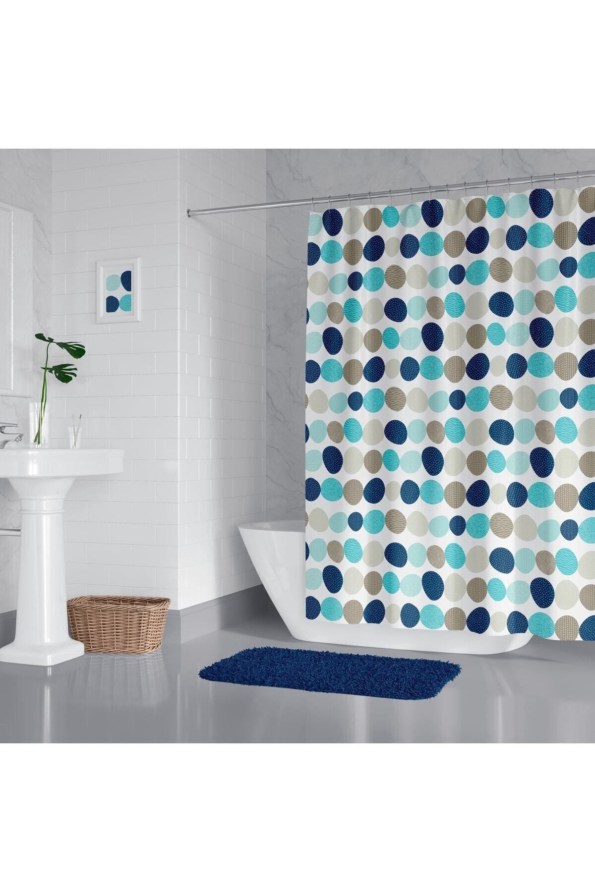 Tropikhome 180 x 200 Mavi Geometrik Desenli Banyo Perdesi — Mavi
