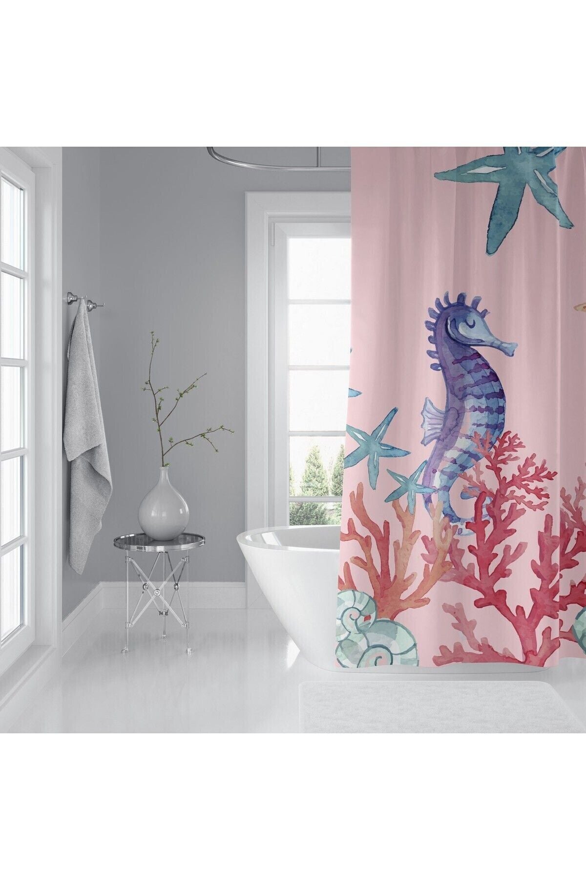 Tropikhome 180 x 200 Pembe Deniz Atı Desenli Banyo Perdesi — Pembe