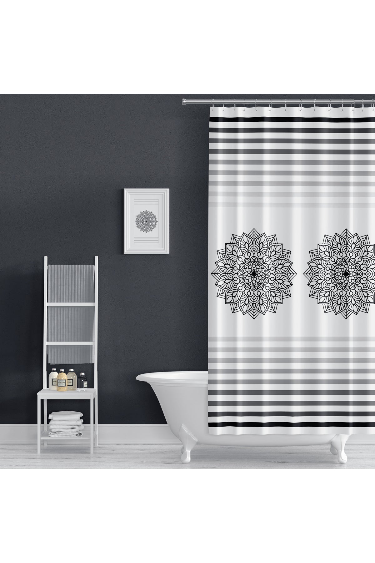 Polyester Kumaş Çizgi Desen Banyo Perdesi Siyah 2MT Yaylı Boru Hediyeli C-halkalı Duş Perdesi — Siyah