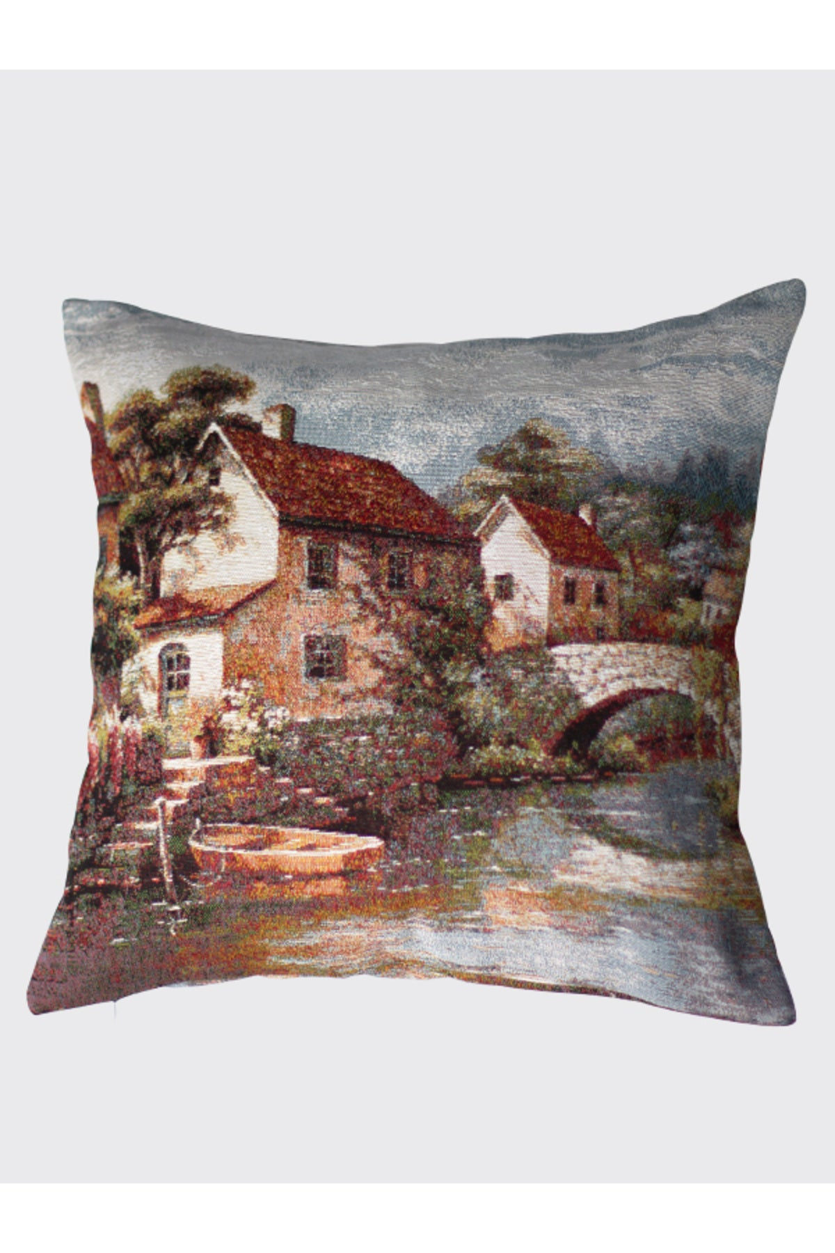 Tropikhome ST-9 Kırsal Ev Desenli 45 x 45 Cm Çift Taraflı Goblen Dokuma Kırlent Kılıfı — Çok Renkli