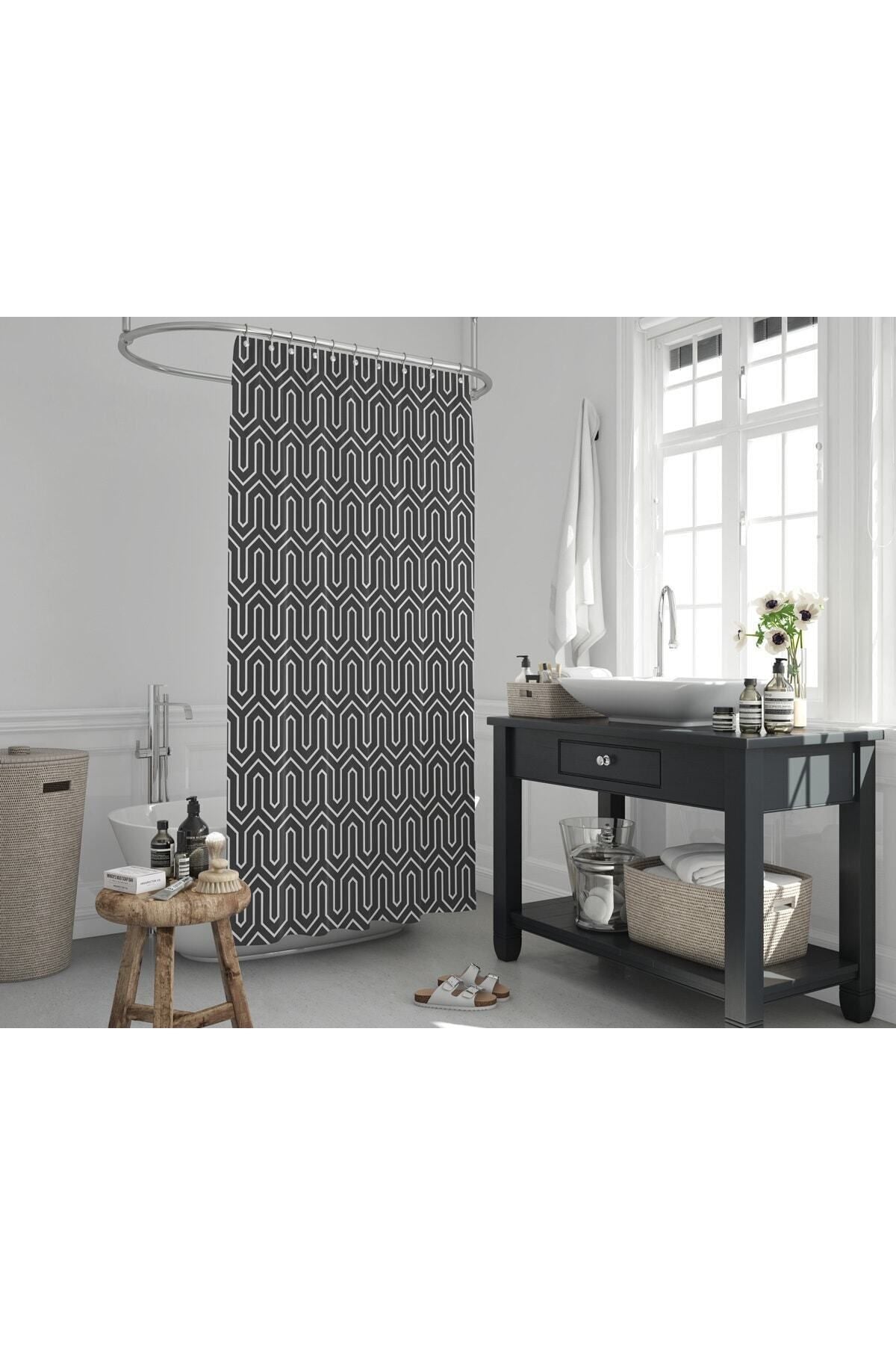 Tropikhome 180 x 200 Siyah Etnik Desenli Banyo Perdesi — Siyah