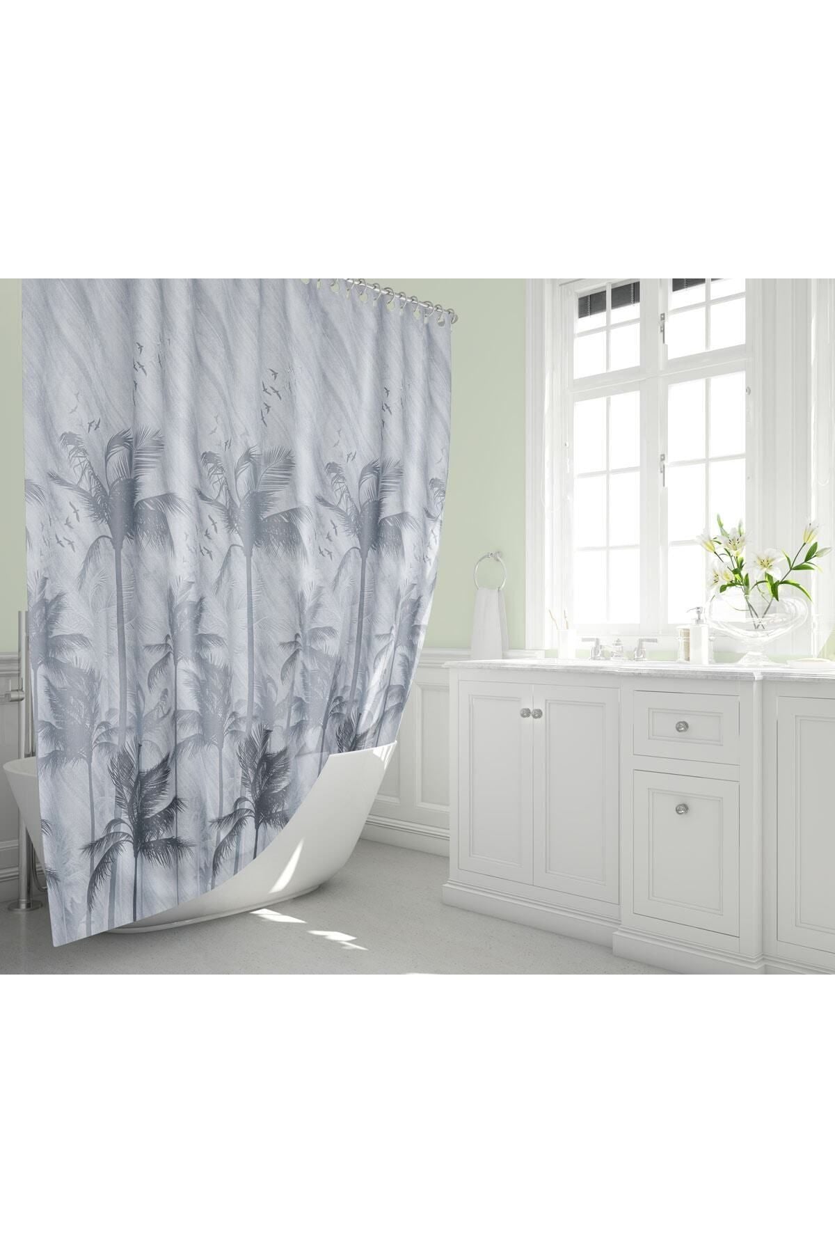 Tropikhome 120 X 200 (Çift Kanat) Gri Palmiye Desenli Banyo Perdesi — Gri