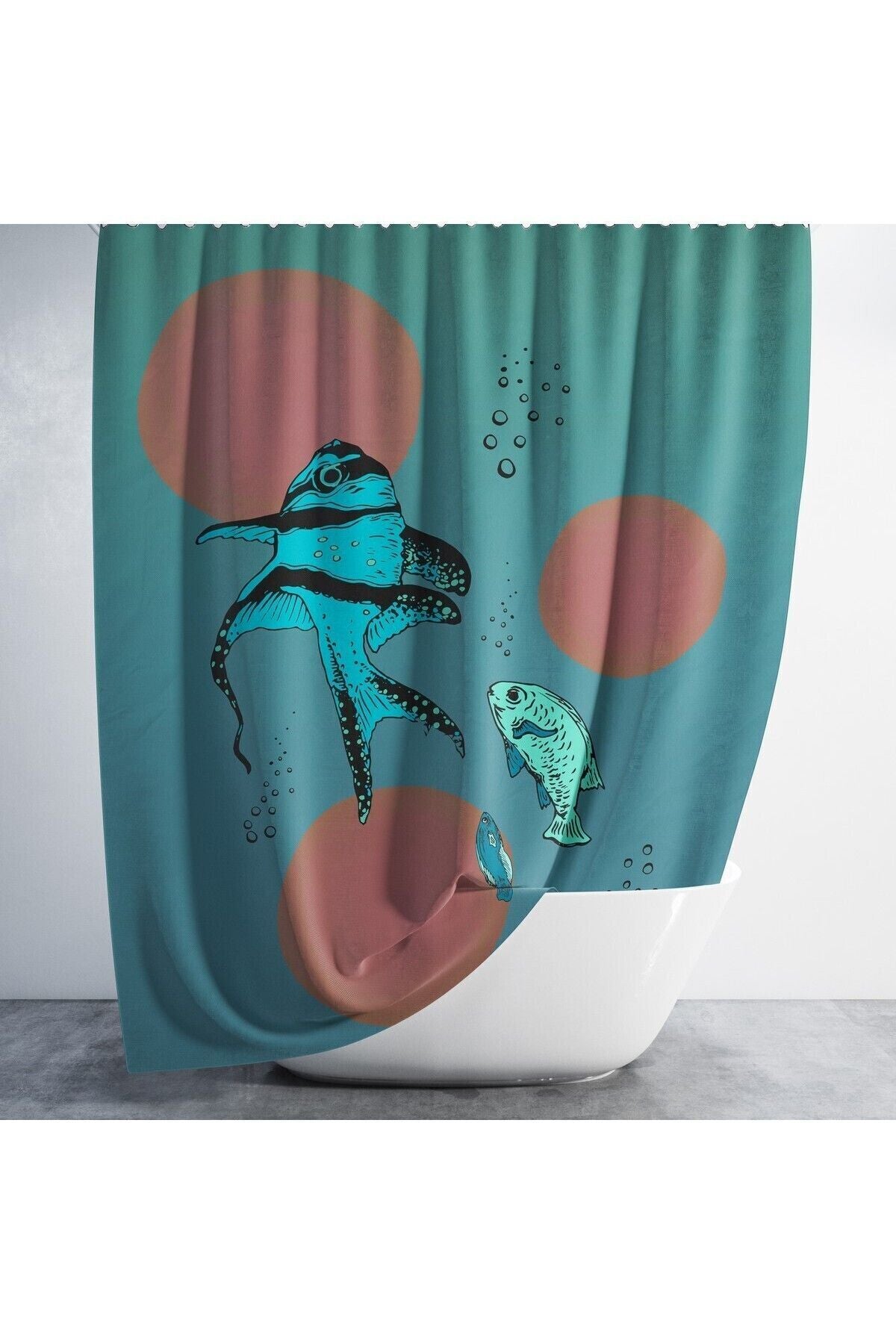 Tropikhome 180 x 200 Mavi Balık Desenli Banyo Perdesi — Mavi