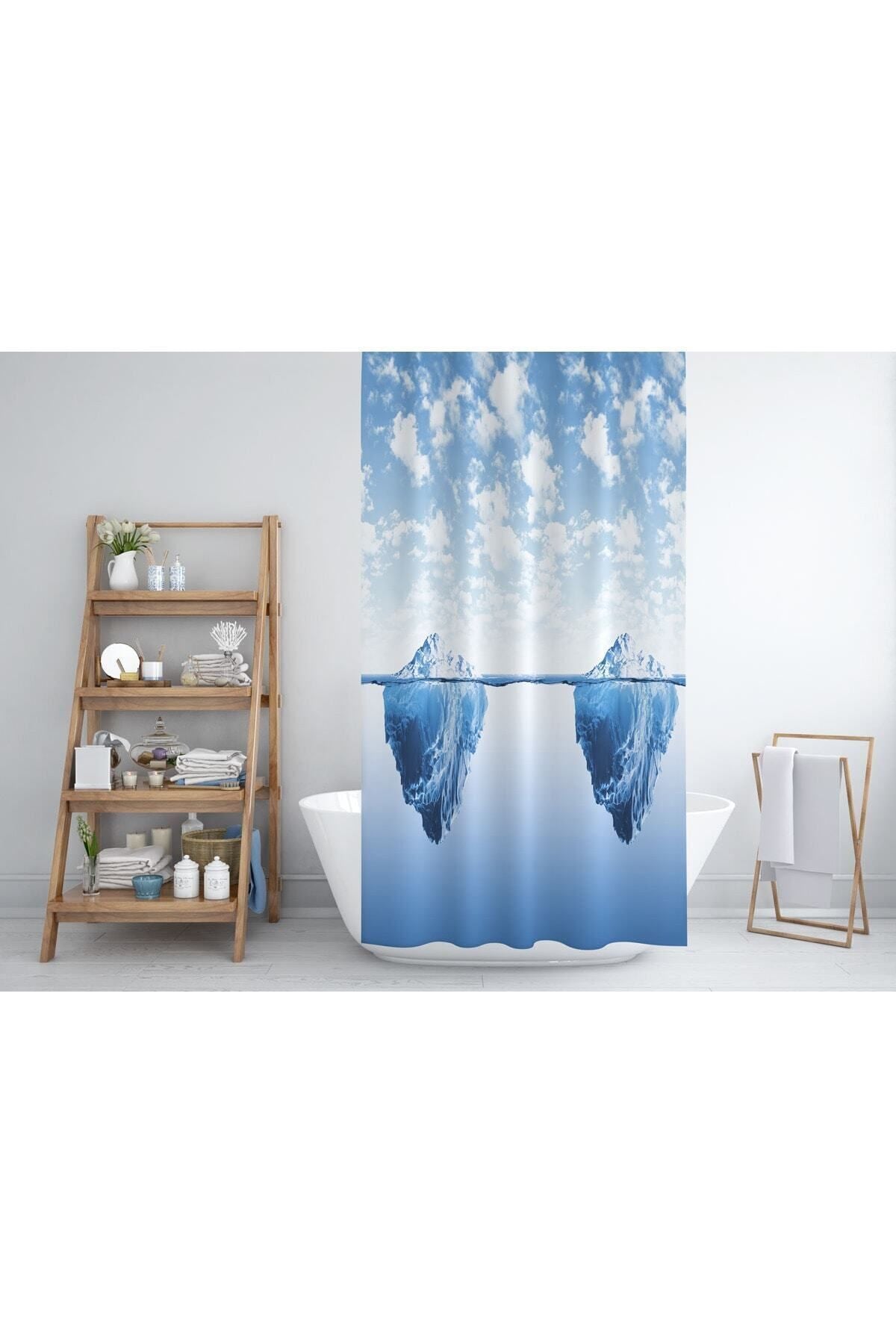 Tropikhome 180 x 200 Mavi Buzdağı Desenli Banyo Perdesi — Mavi