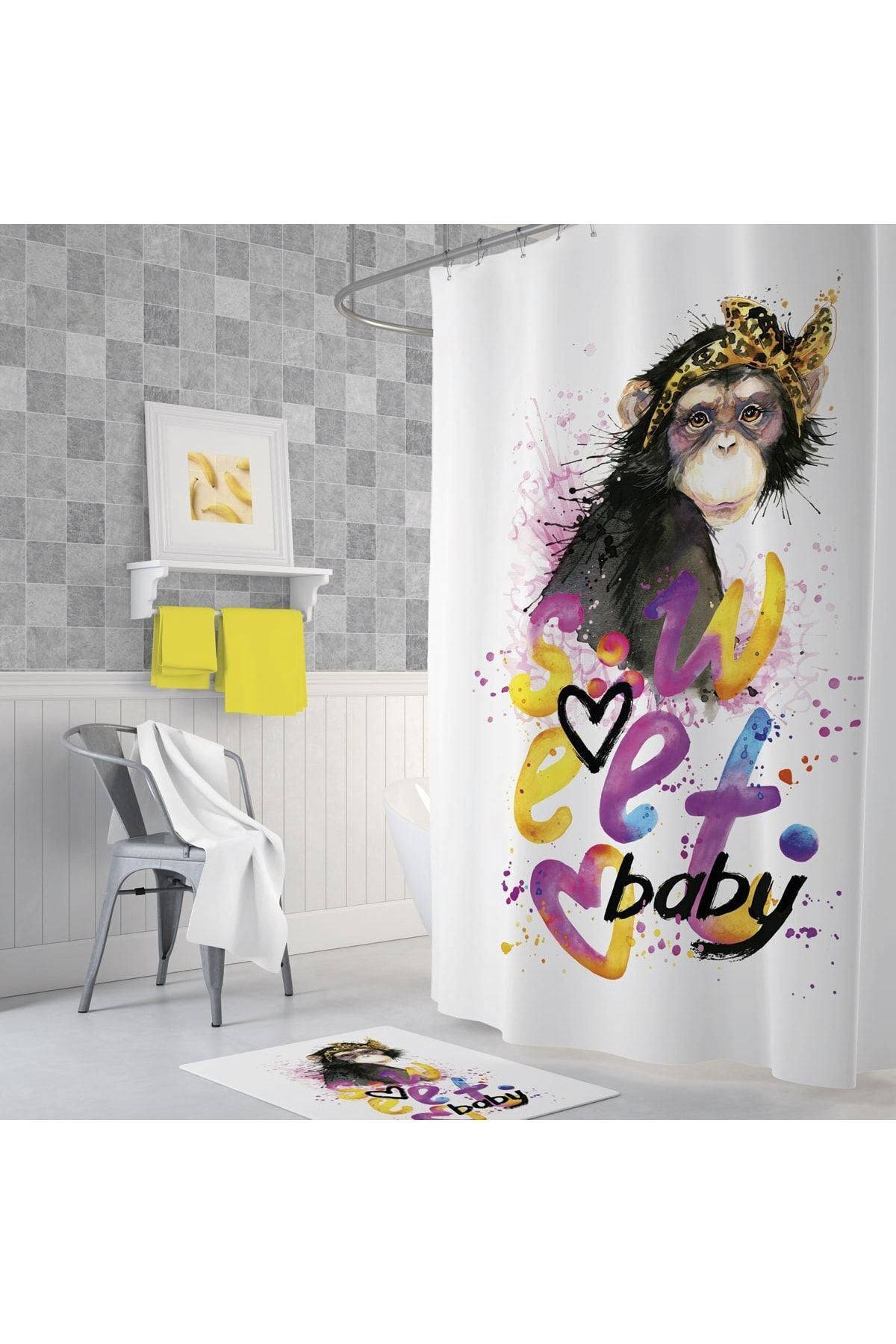 Tropikhome 180 x 200 Çok Renkli Maymun Desenli Banyo Perdesi — Çok Renkli