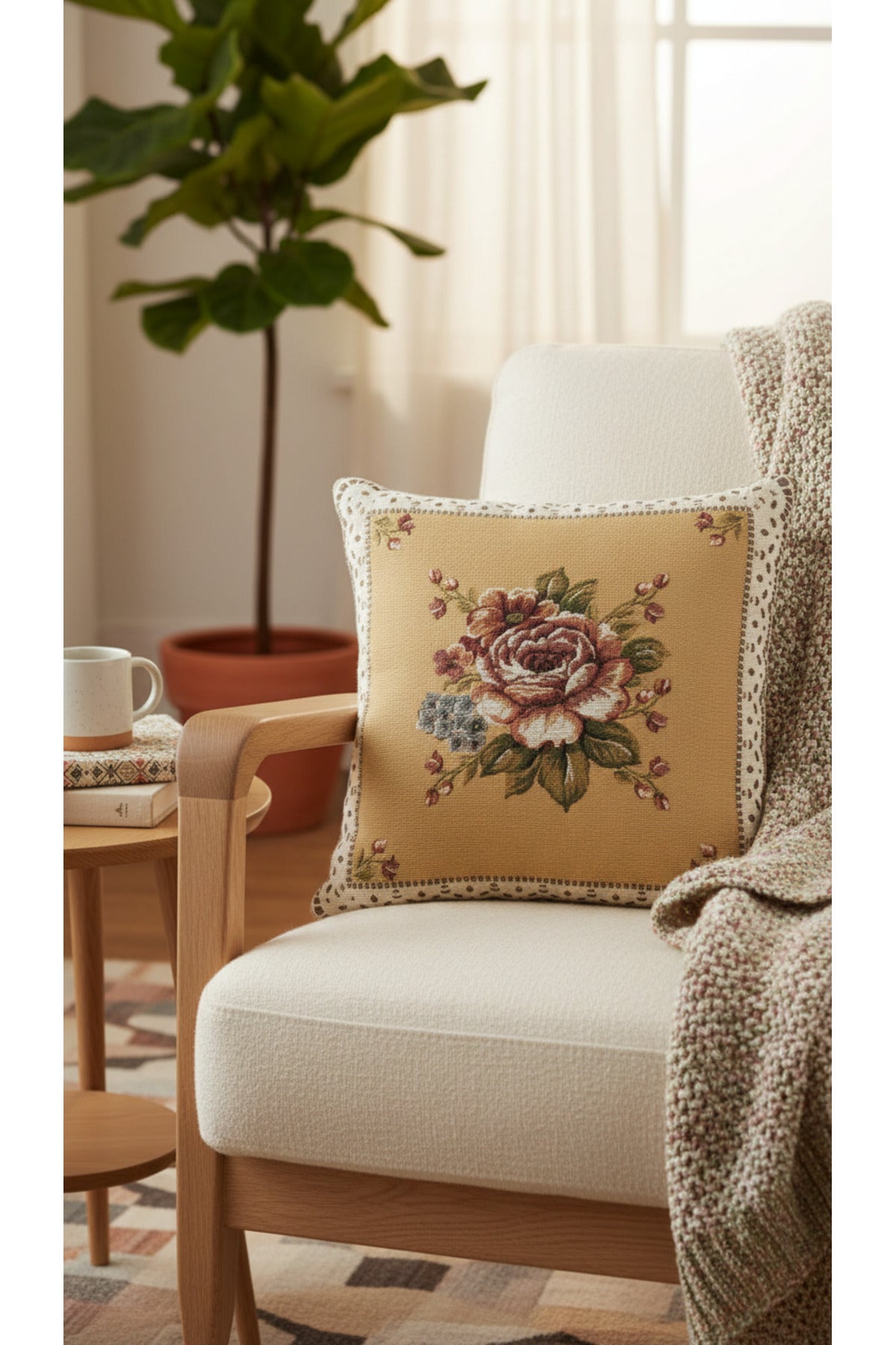 Tropikhome ST-9 Kırsal Ev Desenli 45 x 45 Cm Çift Taraflı Goblen Dokuma Kırlent Kılıfı — Çok Renkli