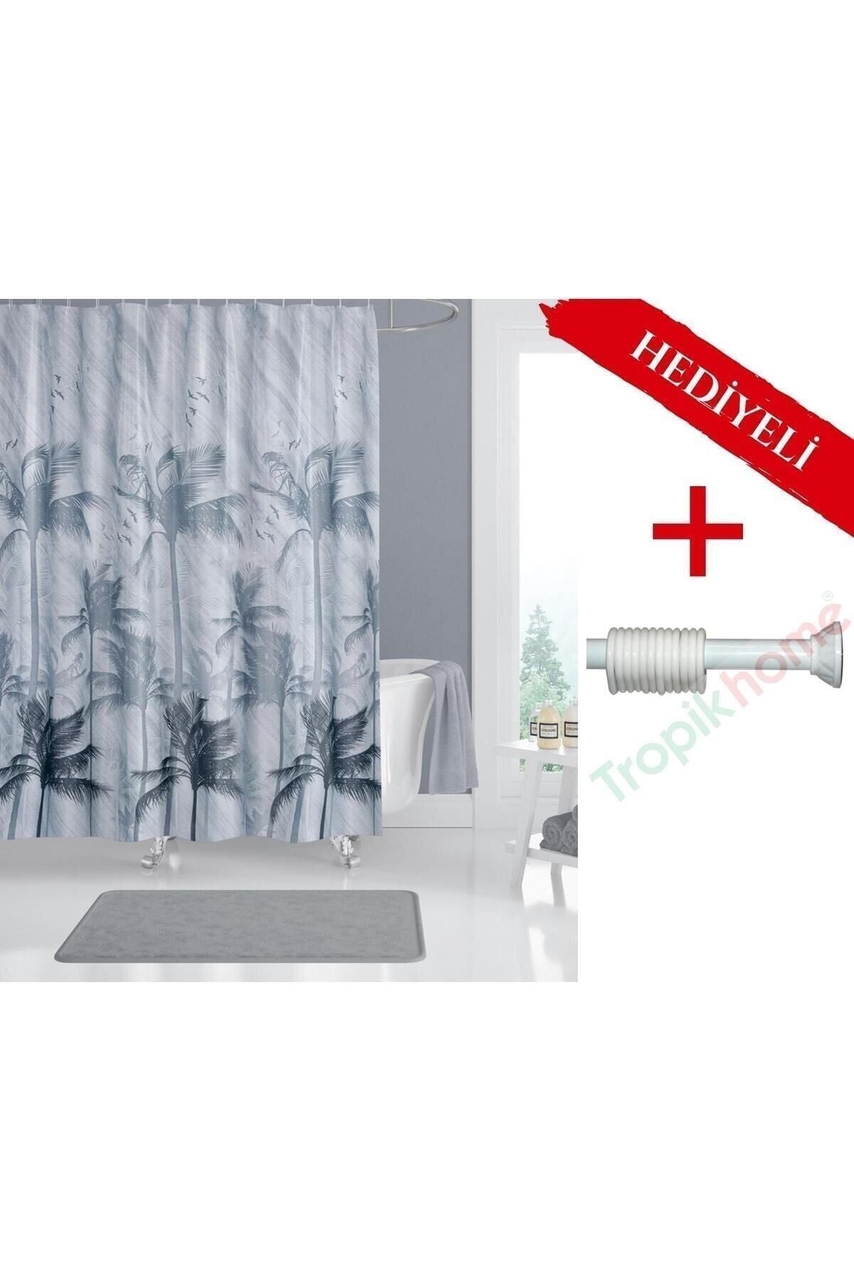 Palmiye Desenli Polyester Kumaş Banyo Perdesi 2MT Beyaz Yaylı Boru ve C-halkalı Set — Gri