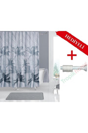 Palmiye Desenli Polyester Kumaş Banyo Perdesi 2MT Beyaz Yaylı Boru ve C-halkalı Set — Gri