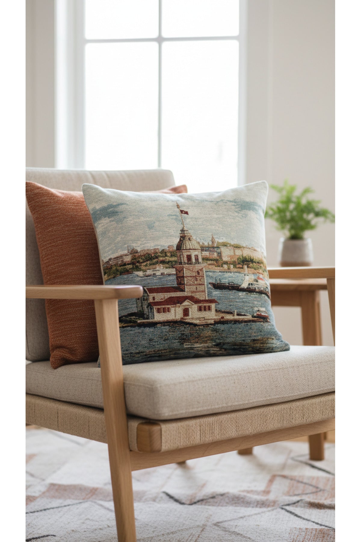 Tropikhome ST-9 Kırsal Ev Desenli 45 x 45 Cm Çift Taraflı Goblen Dokuma Kırlent Kılıfı — Çok Renkli