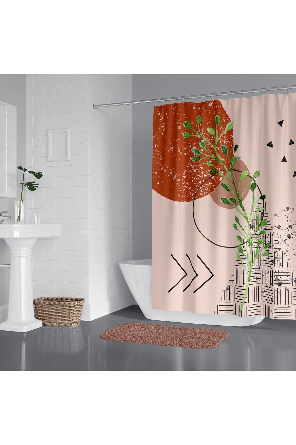 Tropikhome 180 x 200 Bej Modern Soyut Yaprak Desenli Banyo Perdesi — Bej